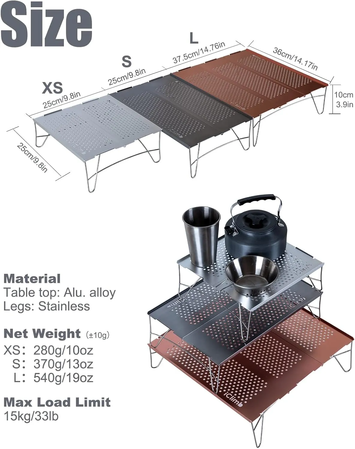 iClimb Mini Solo Folding Table Ultralight Compact for Backpacking Camping Hiking Beach Picnic (Gunmetal, L)