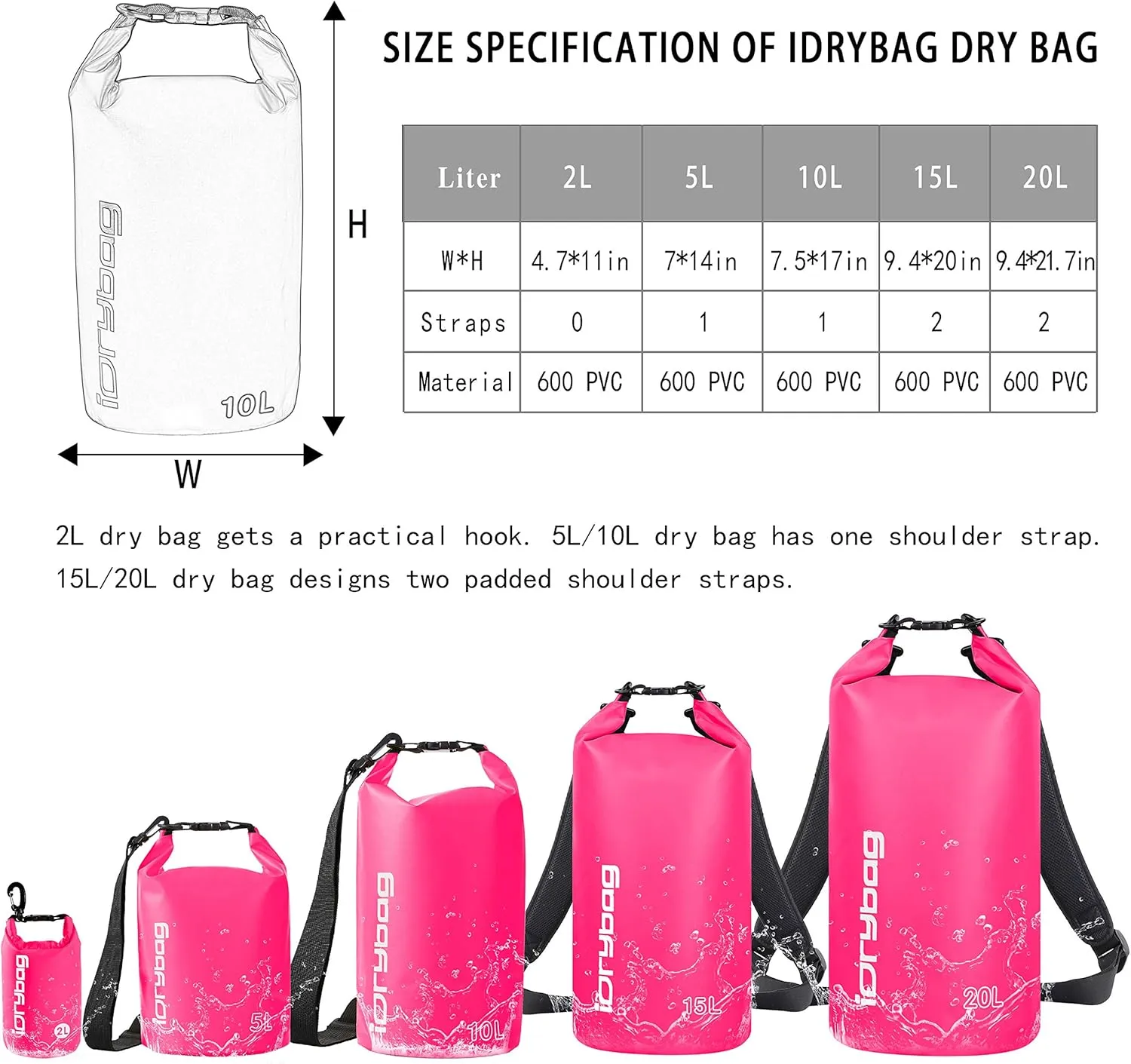 IDRYBAG Dry Bags for Kayaking Waterproof 2L/5L/10L/15L/20L, Small Dry Bag Waterproof Floating, Dry Sack Waterproof Bag for Paddleboarding Travel