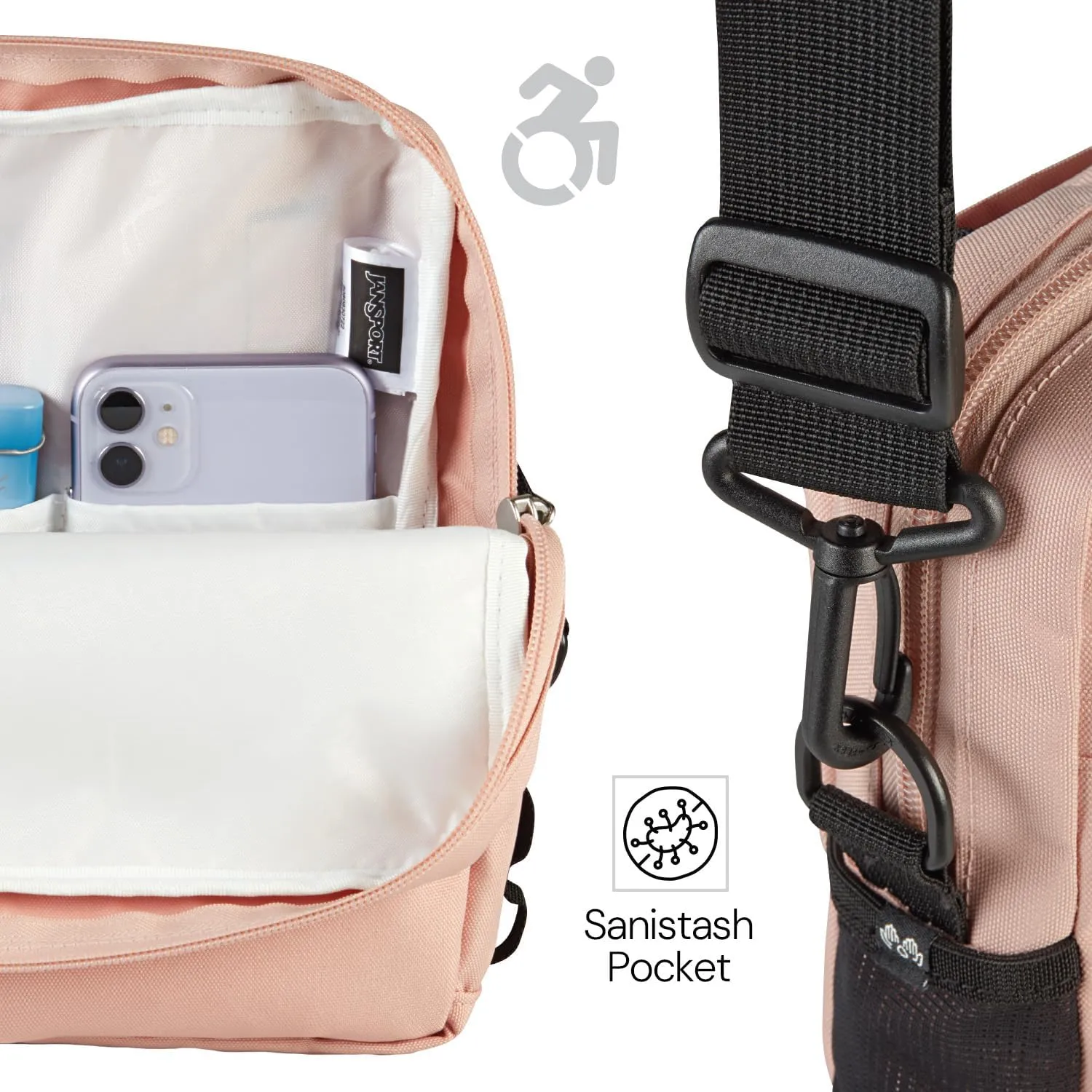 JanSport Central Adaptive Accessory Bag – Wheelchair & Walker Compatible, Versatile Carry Options, Tuck-Away Adjustable Loops, SaniStash Pocket for Easy Access, Misty Rose