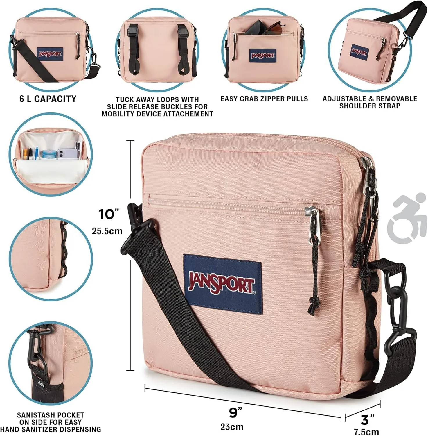 JanSport Central Adaptive Accessory Bag – Wheelchair & Walker Compatible, Versatile Carry Options, Tuck-Away Adjustable Loops, SaniStash Pocket for Easy Access, Misty Rose