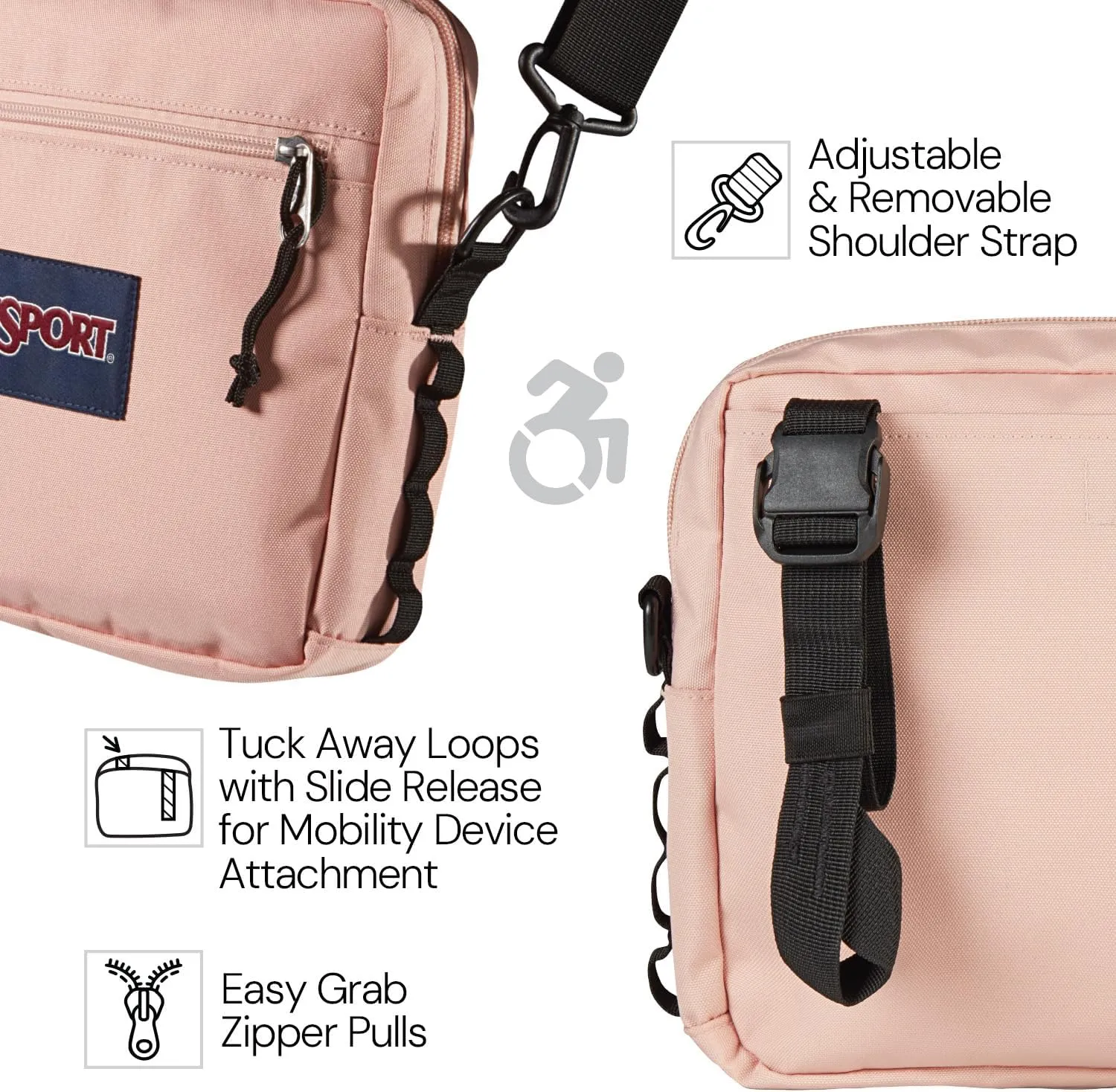 JanSport Central Adaptive Accessory Bag – Wheelchair & Walker Compatible, Versatile Carry Options, Tuck-Away Adjustable Loops, SaniStash Pocket for Easy Access, Misty Rose