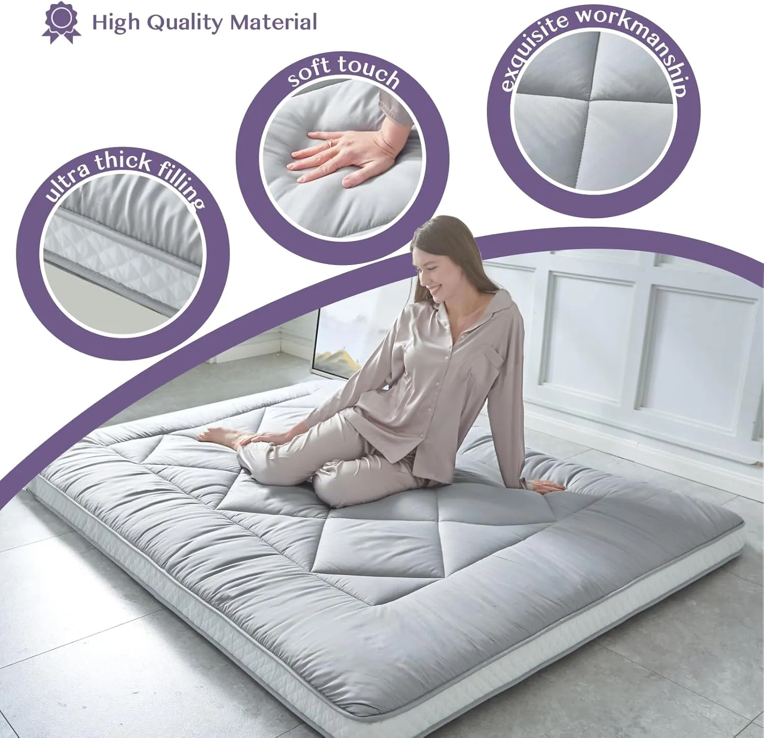 Japanese Floor Mattress Futon Mattress, Extra Thick Roll Up Mattress Bed Topper Mat for Guest, Lounger or Travel, Gray, Queen