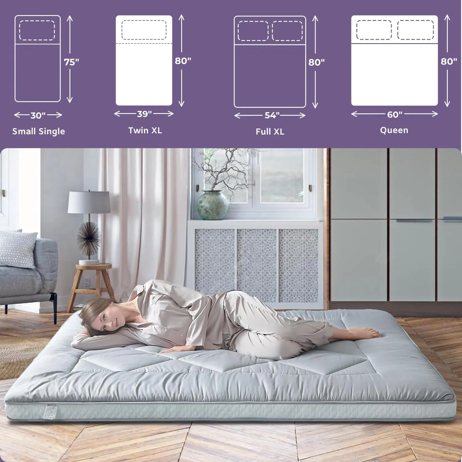 Japanese Floor Mattress Futon Mattress, Extra Thick Roll Up Mattress Bed Topper Mat for Guest, Lounger or Travel, Gray, Queen
