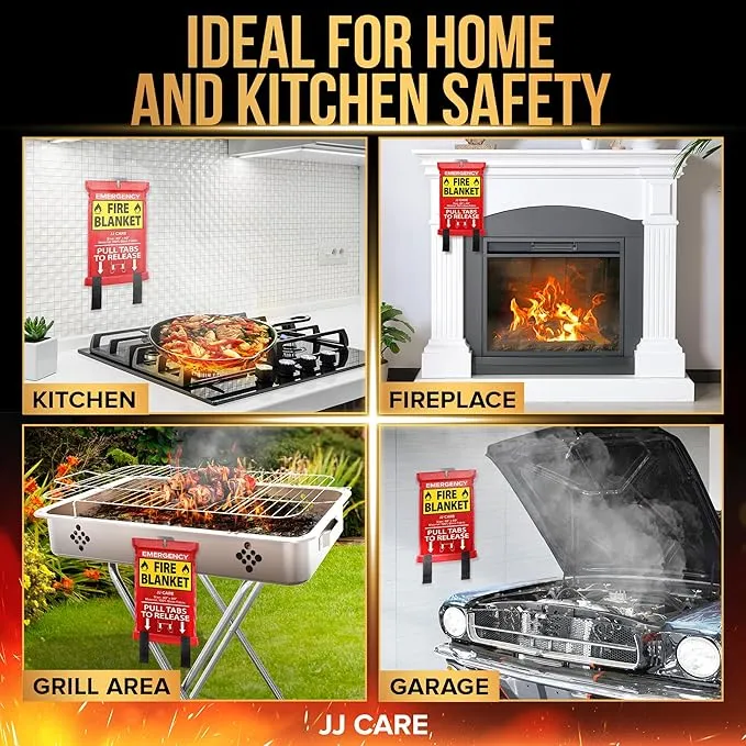 JJ CARE Fire Blanket – 2 Packs with Hooks and Gloves – Emergency Fire Blanket for Home & Kitchen, High Heat Resistant Fire Suppression Blankets for Home Safety, Kitchen, and Camping