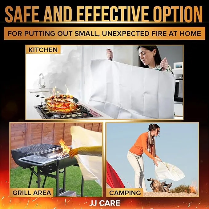 JJ CARE Fire Blanket – 2 Packs with Hooks and Gloves – Emergency Fire Blanket for Home & Kitchen, High Heat Resistant Fire Suppression Blankets for Home Safety, Kitchen, and Camping