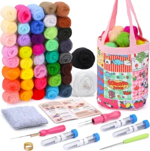 Jmuiiu Needle Felting Kit for Beginners, 42 Colors Wool Roving, Wool Felt Tools, Wool Felting Kit for Needle Felting Wools, with Instruction, Storage Bag for Adults Felted Animal Needle Felt Supplies