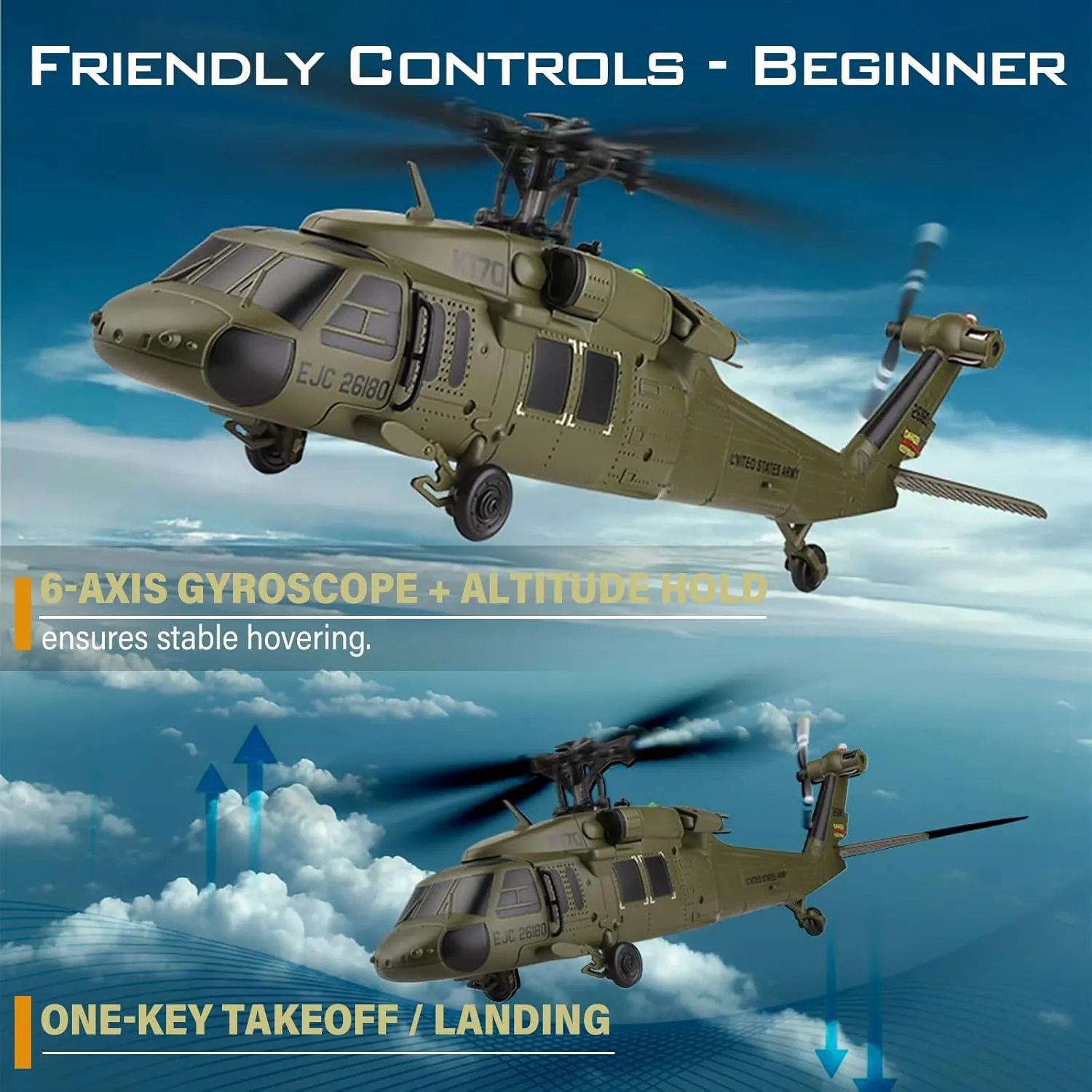 K170 UH60L RC Helicopter, Remote Controlled Helicopter for Adults Beginners, 2.4G 4CH RC Plane 6-Axis Gyroscope Altitude Hovering Military Aircraft Aileronles (3 Batteries)