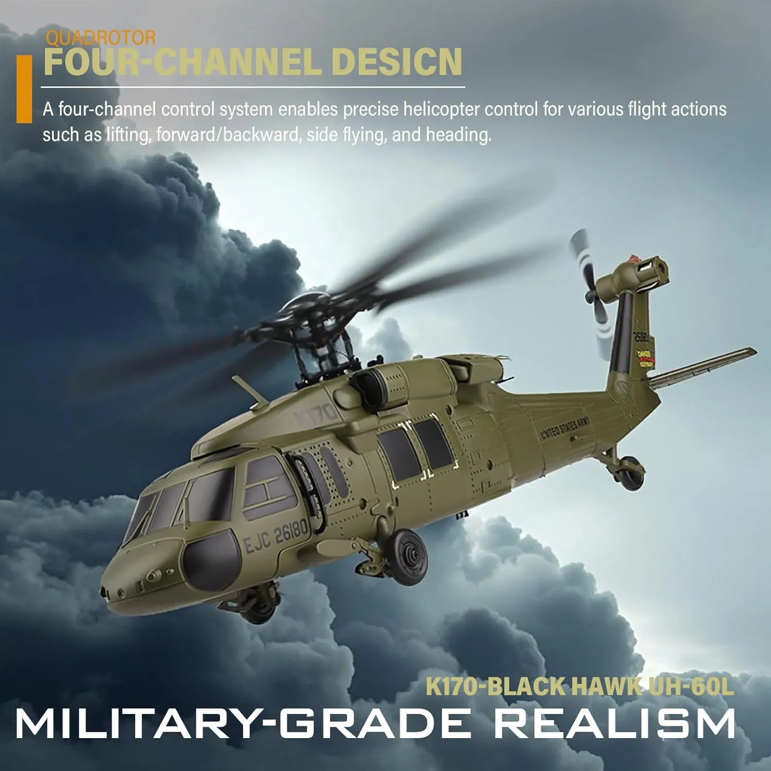 K170 UH60L RC Helicopter, Remote Controlled Helicopter for Adults Beginners, 2.4G 4CH RC Plane 6-Axis Gyroscope Altitude Hovering Military Aircraft Aileronles (3 Batteries)