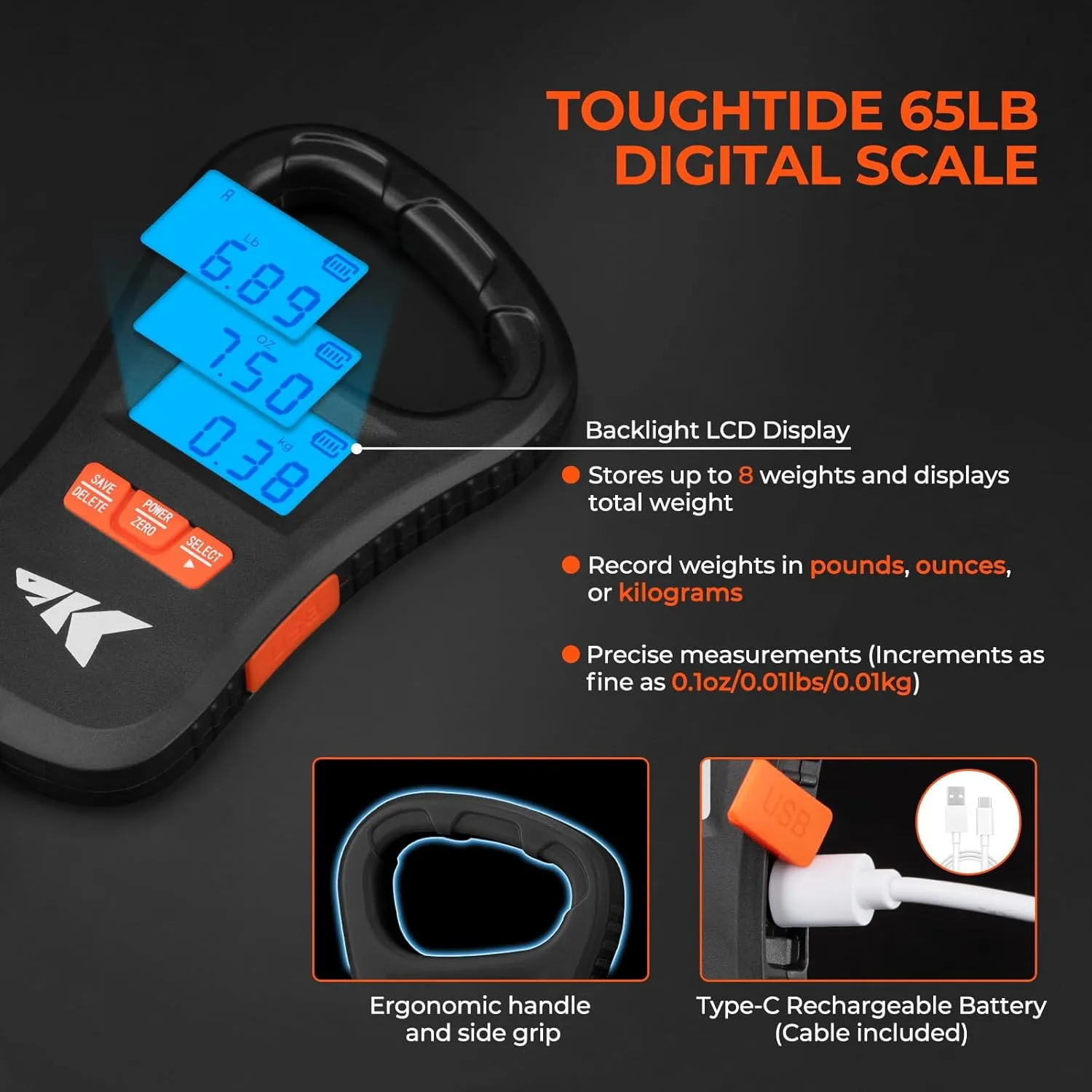 KastKing ToughTide Fishing Tool Kit, Rechargeable Digital Fish Scale with Lip Grip & Tape Measure, 7” Fillet Knife with Sheath & Sharpener, 8” Split Ring Fishing Pliers