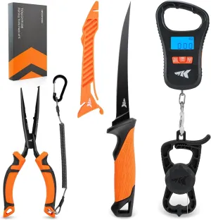 KastKing ToughTide Fishing Tool Kit, Rechargeable Digital Fish Scale with Lip Grip & Tape Measure, 7” Fillet Knife with Sheath & Sharpener, 8” Split Ring Fishing Pliers