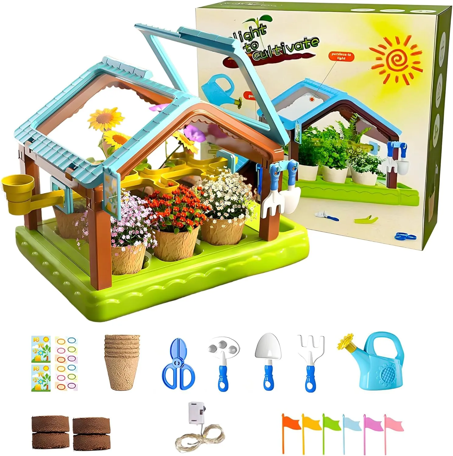 Kids Plant Growing Kit Greenhouse Growing Set with Drip Irrigation System and Grow Light Science Educational DIY Indoor Plant Gardening Toy for Kids