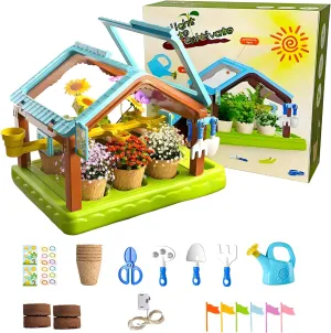 Kids Plant Growing Kit Greenhouse Growing Set with Drip Irrigation System and Grow Light Science Educational DIY Indoor Plant Gardening Toy for Kids