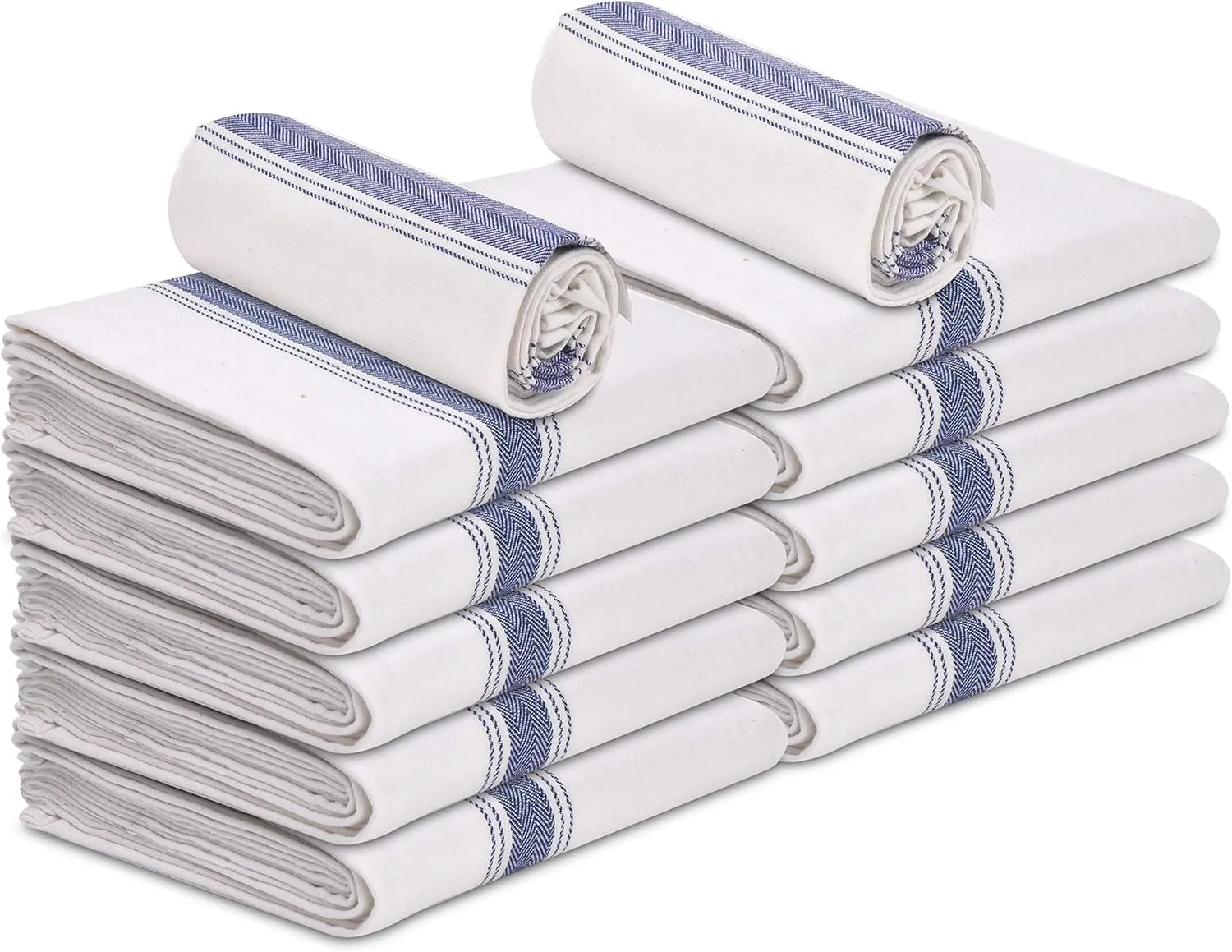 Kitchen Dish Towels 100% Cotton White Flour Sack Tea Cloth with Blue Herringbone Stripe, Pack of 12 Perfect Classic Dish Towel 15” x 25” Dishcloths for Bars Kitchens Counters etc.