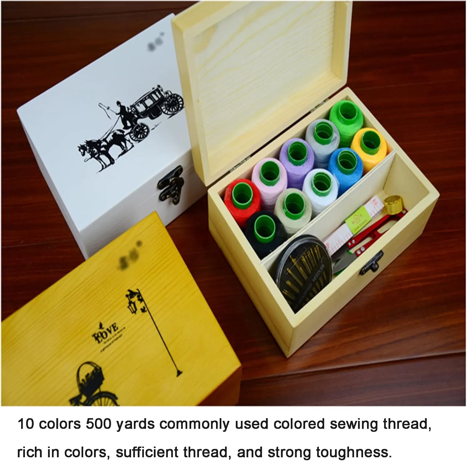 KraNx Sewing Tool Box, Sewing Kit, Wooden Sewing Box with Accessories, Suitable for Beginners, Men, Women, Students, White (Color : Yellow)