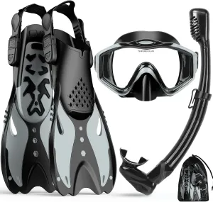 KUYOU Mask Fins Snorkeling Gear for Adults - Wide View Anti-Fog Mask, Full Dry Top Snorkel Gear Set