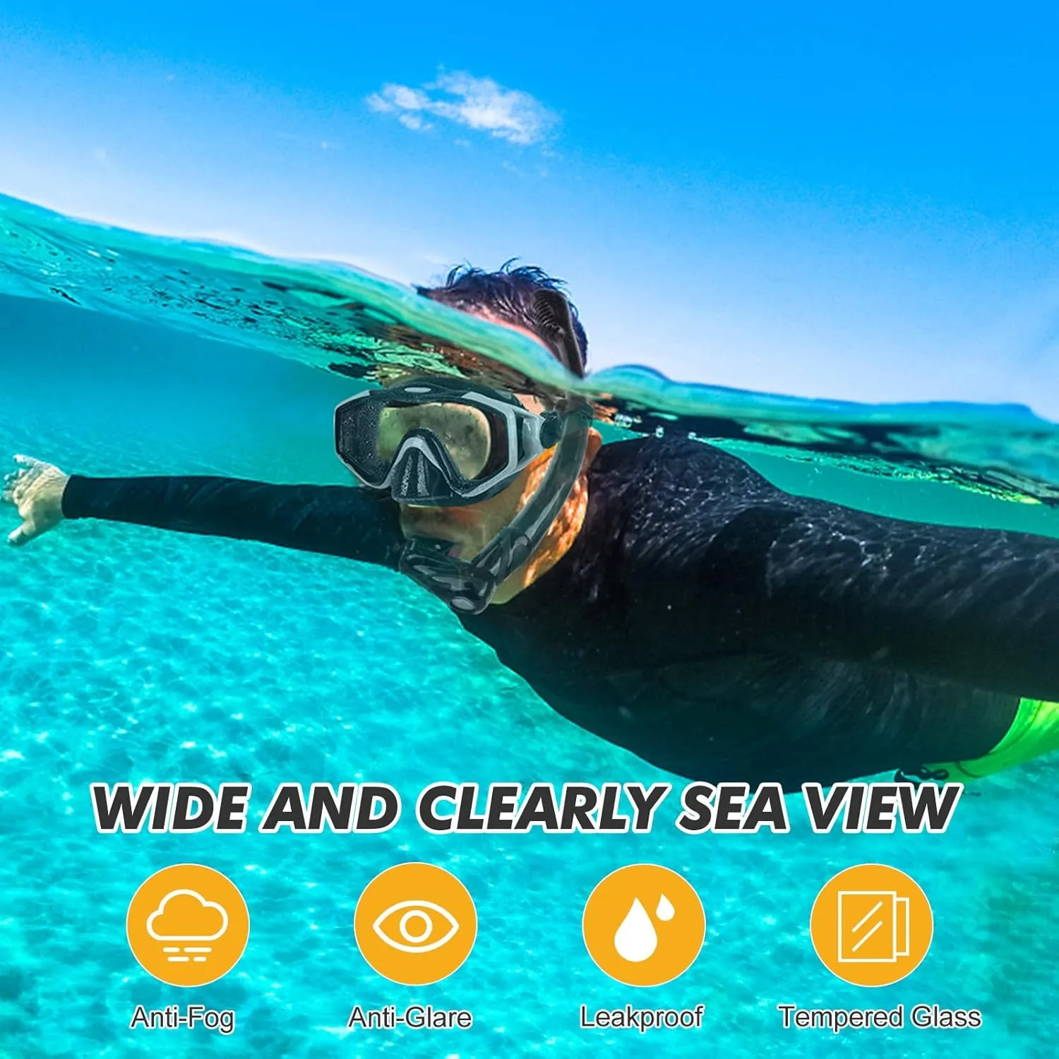 KUYOU Mask Fins Snorkeling Gear for Adults - Wide View Anti-Fog Mask, Full Dry Top Snorkel Gear Set