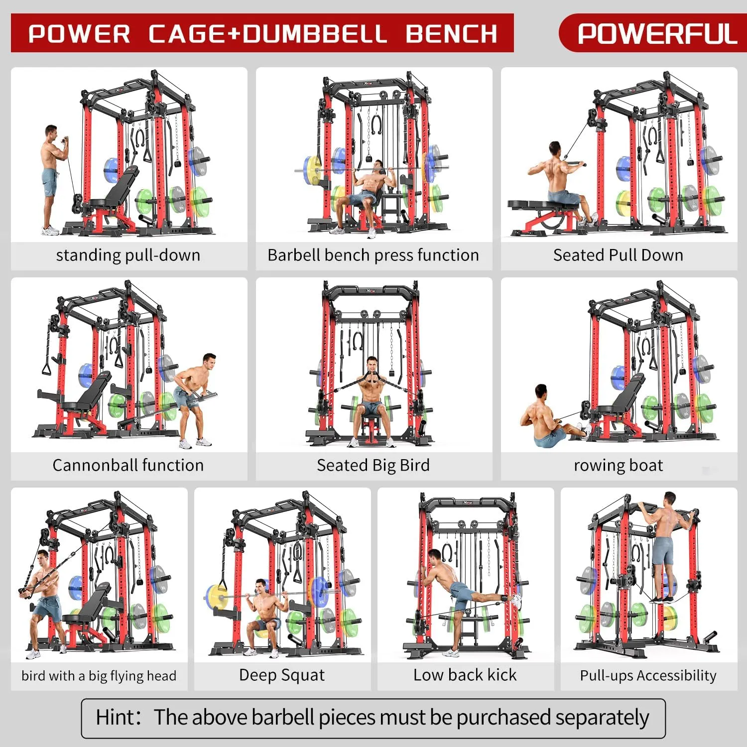 L02 Power Cages Multi-Purpose Squat Rack with Cable Crossover System, Matching Olympic Barbell Weight Set ，Weight Bench, for Garage and Home Gyms