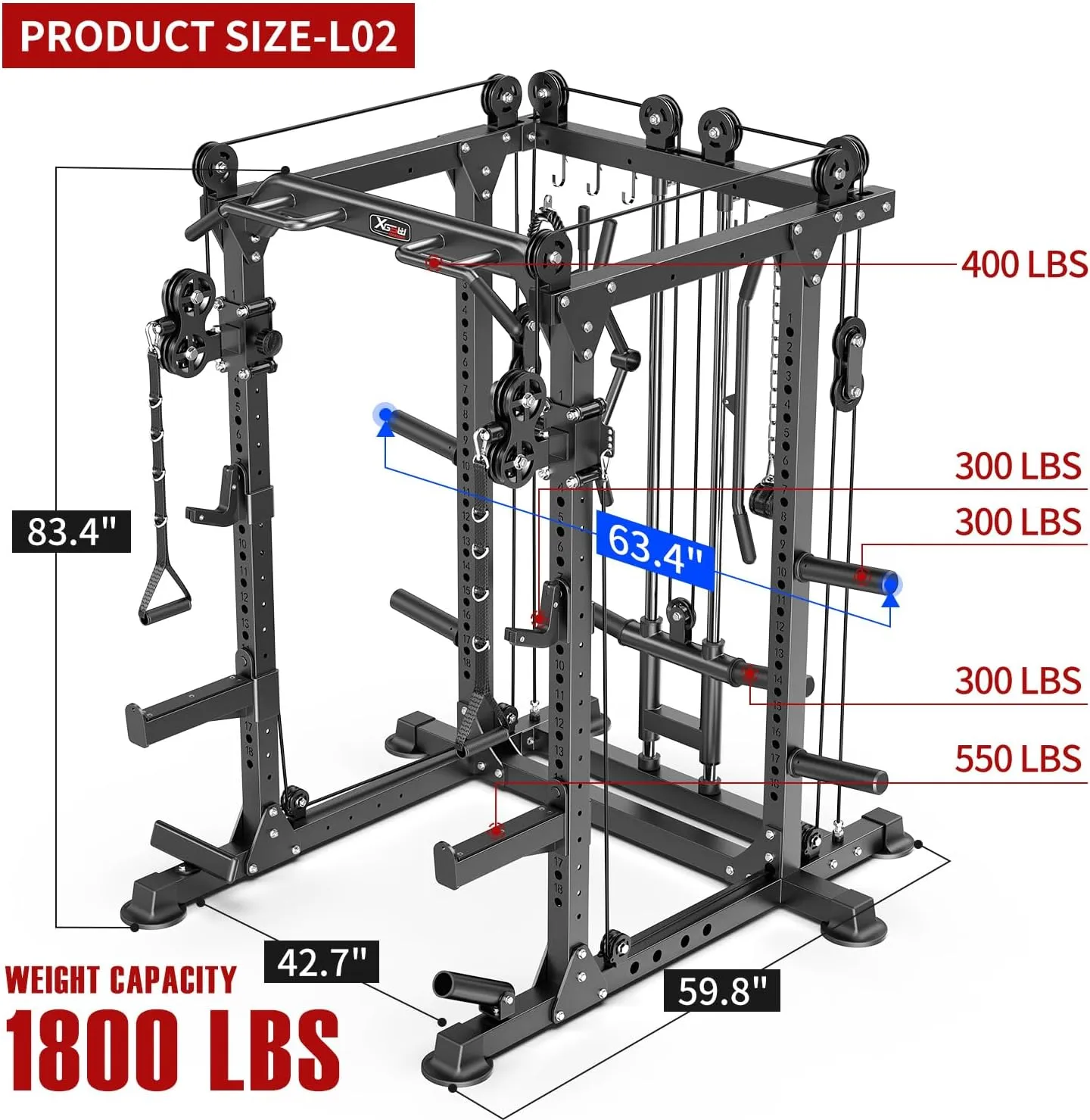 L02 Power Cages Multi-Purpose Squat Rack with Cable Crossover System, Matching Olympic Barbell Weight Set ，Weight Bench, for Garage and Home Gyms