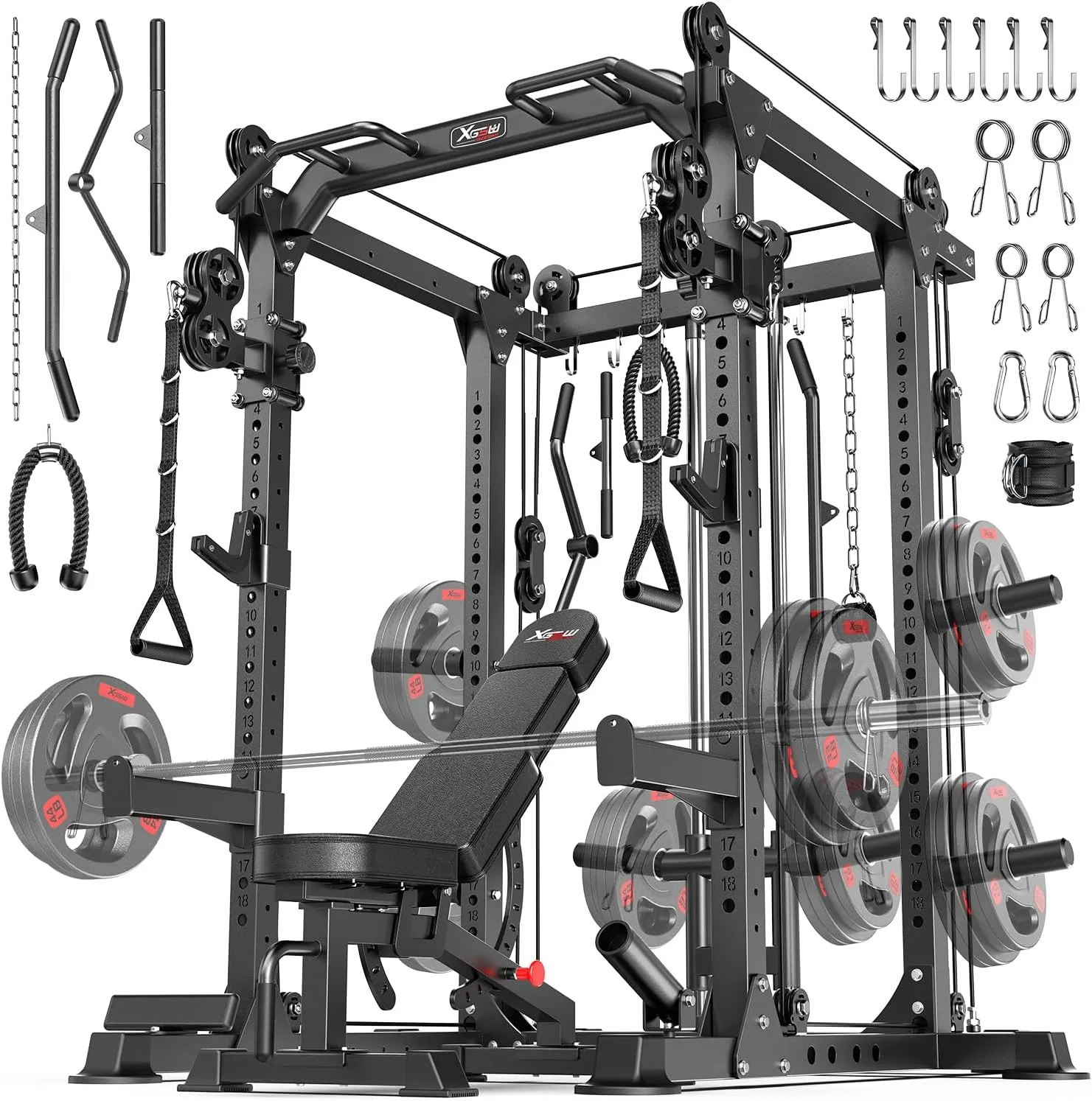 L02 Power Cages Multi-Purpose Squat Rack with Cable Crossover System, Matching Olympic Barbell Weight Set ，Weight Bench, for Garage and Home Gyms