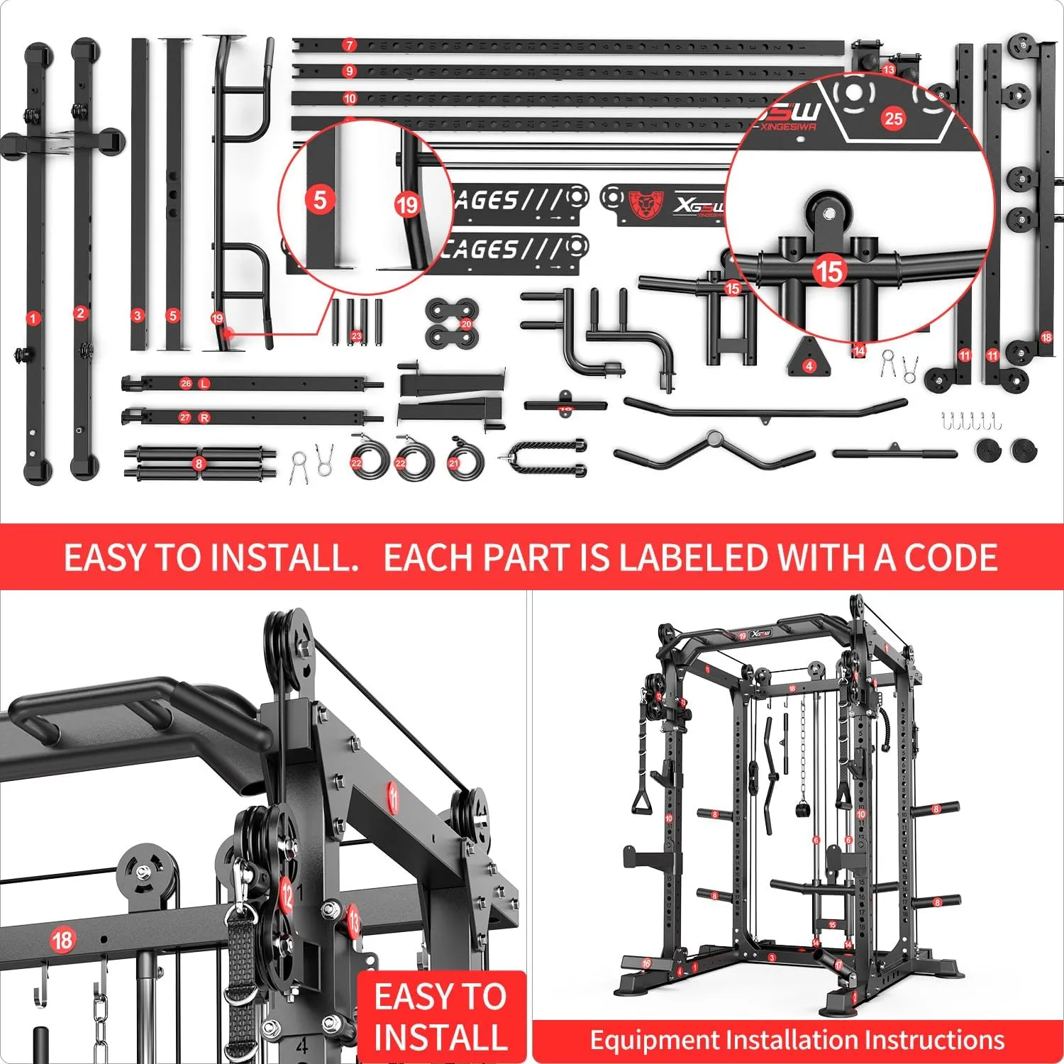 L02 Power Cages Multi-Purpose Squat Rack with Cable Crossover System, Matching Olympic Barbell Weight Set ，Weight Bench, for Garage and Home Gyms