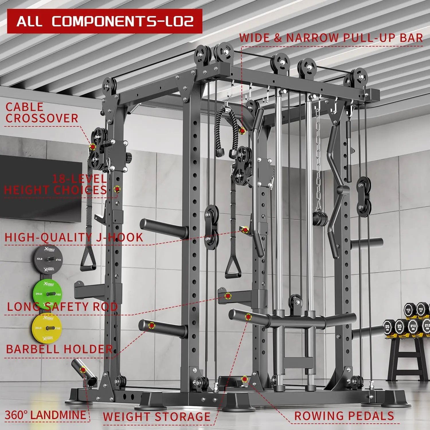 L02 Power Cages Multi-Purpose Squat Rack with Cable Crossover System, Matching Olympic Barbell Weight Set ，Weight Bench, for Garage and Home Gyms