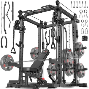 L02 Power Cages Multi-Purpose Squat Rack with Cable Crossover System, Matching Olympic Barbell Weight Set ，Weight Bench, for Garage and Home Gyms