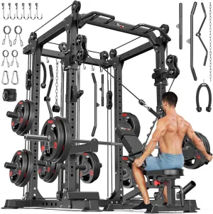 L02 Power Cages Multi-Purpose Squat Rack with Cable Crossover System, Matching Weight Bench, Olympic Barbell Weight Set for Garage and Home Gyms
