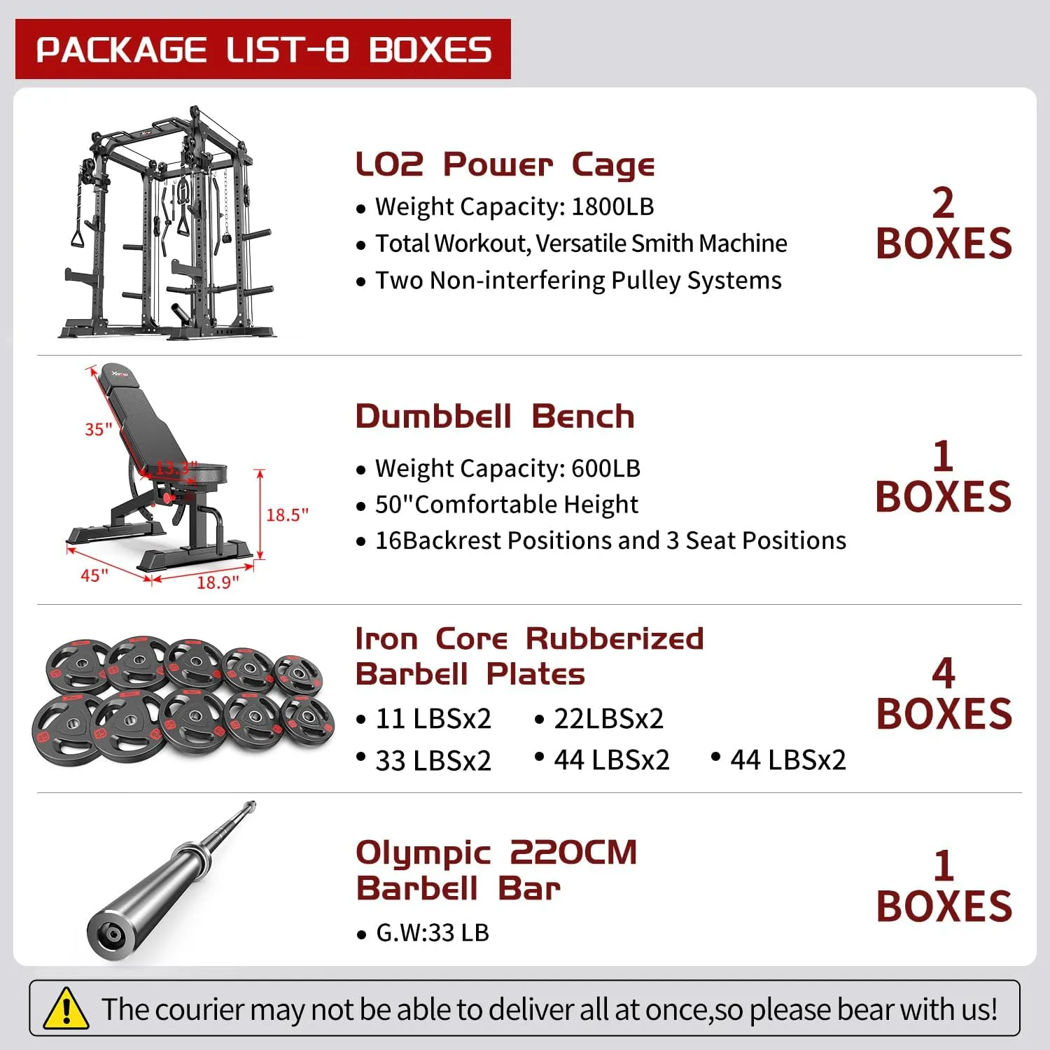 L02 Power Cages Multi-Purpose Squat Rack with Cable Crossover System, Matching Weight Bench, Olympic Barbell Weight Set for Garage and Home Gyms