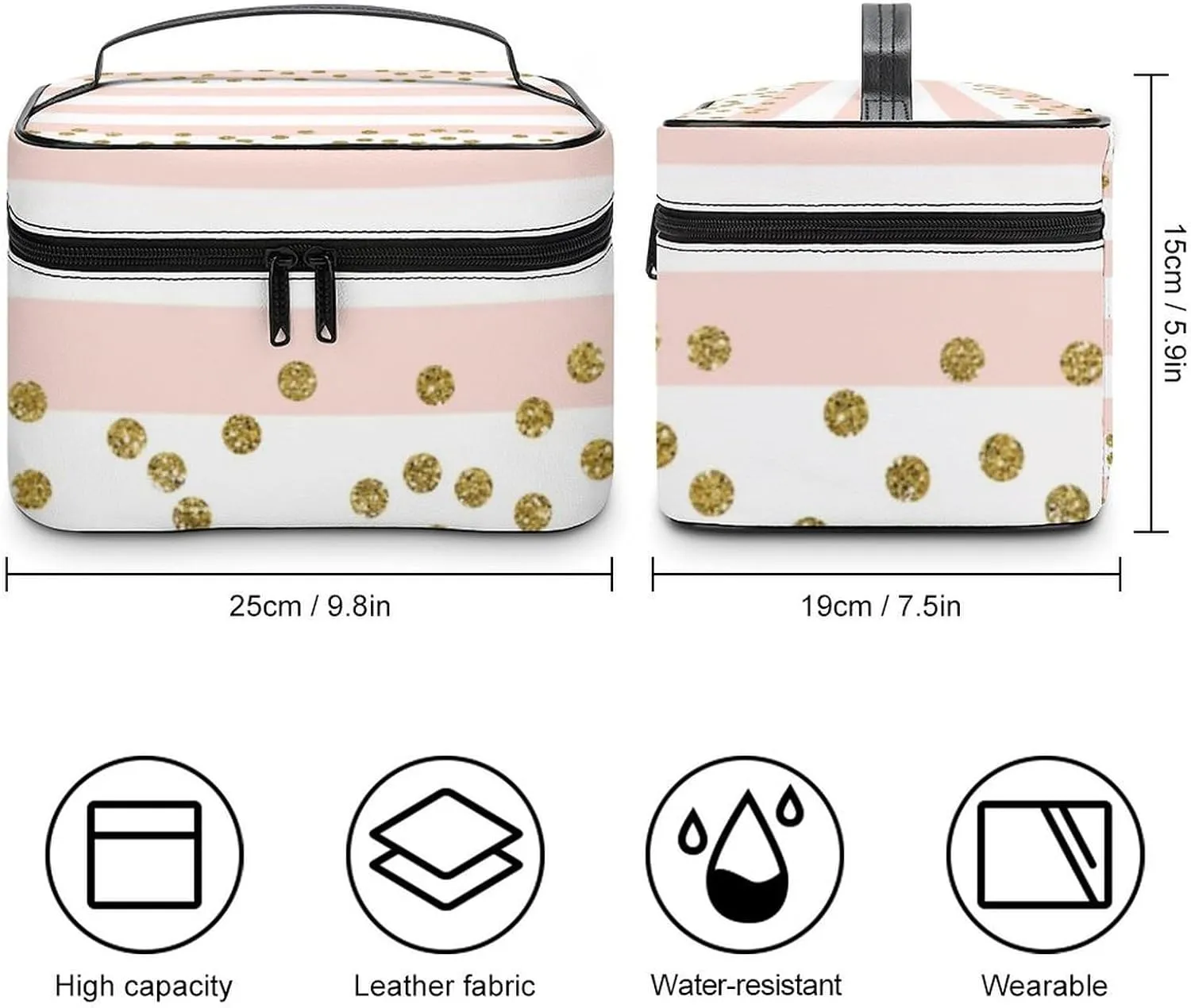 Large Makeup Bag, Pink White Stripe Gold Confetti Cosmetic Bag for Women Girls, Portable Toiletry Bag, Travel Make Up Organizer Bag