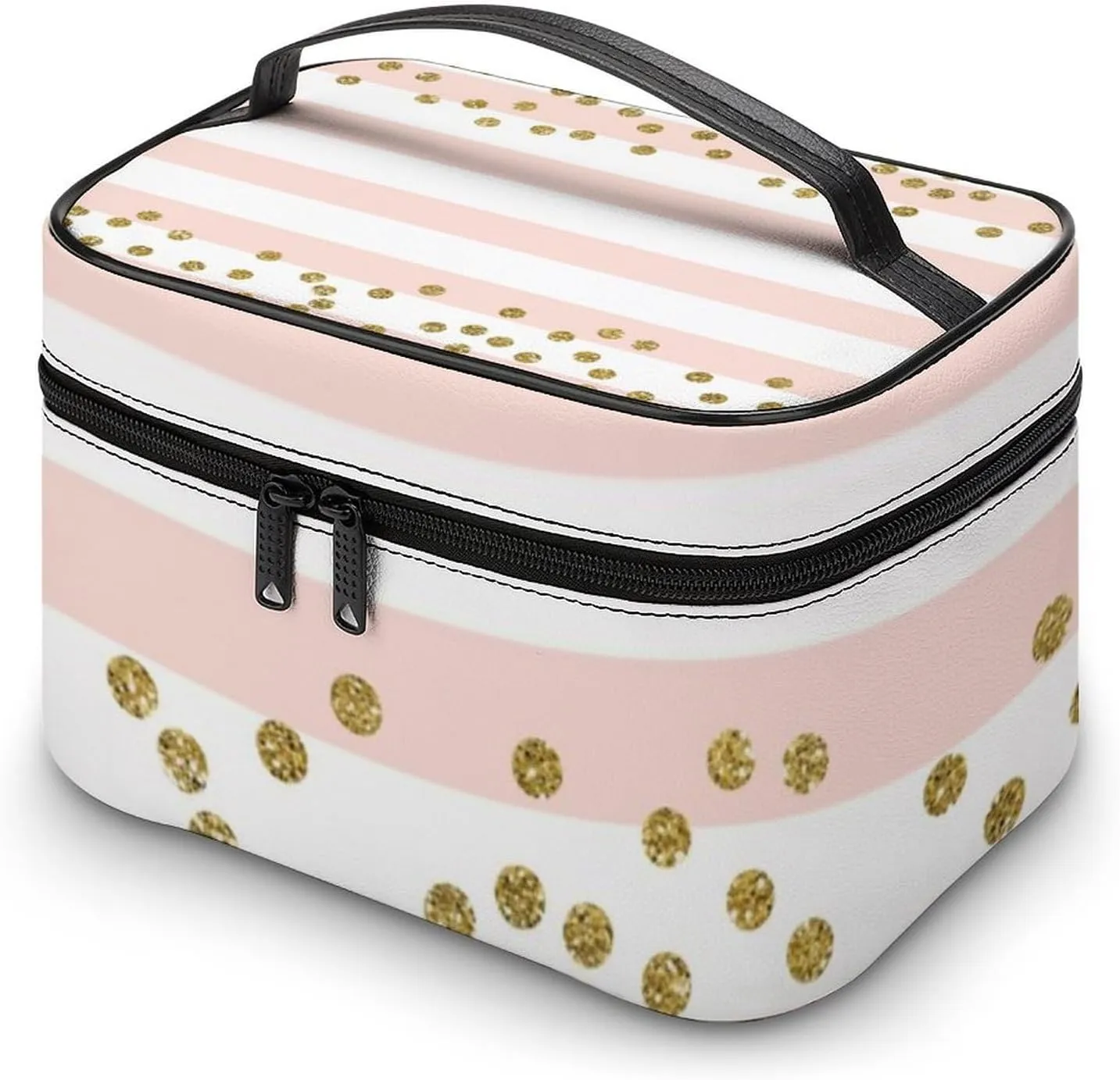 Large Makeup Bag, Pink White Stripe Gold Confetti Cosmetic Bag for Women Girls, Portable Toiletry Bag, Travel Make Up Organizer Bag