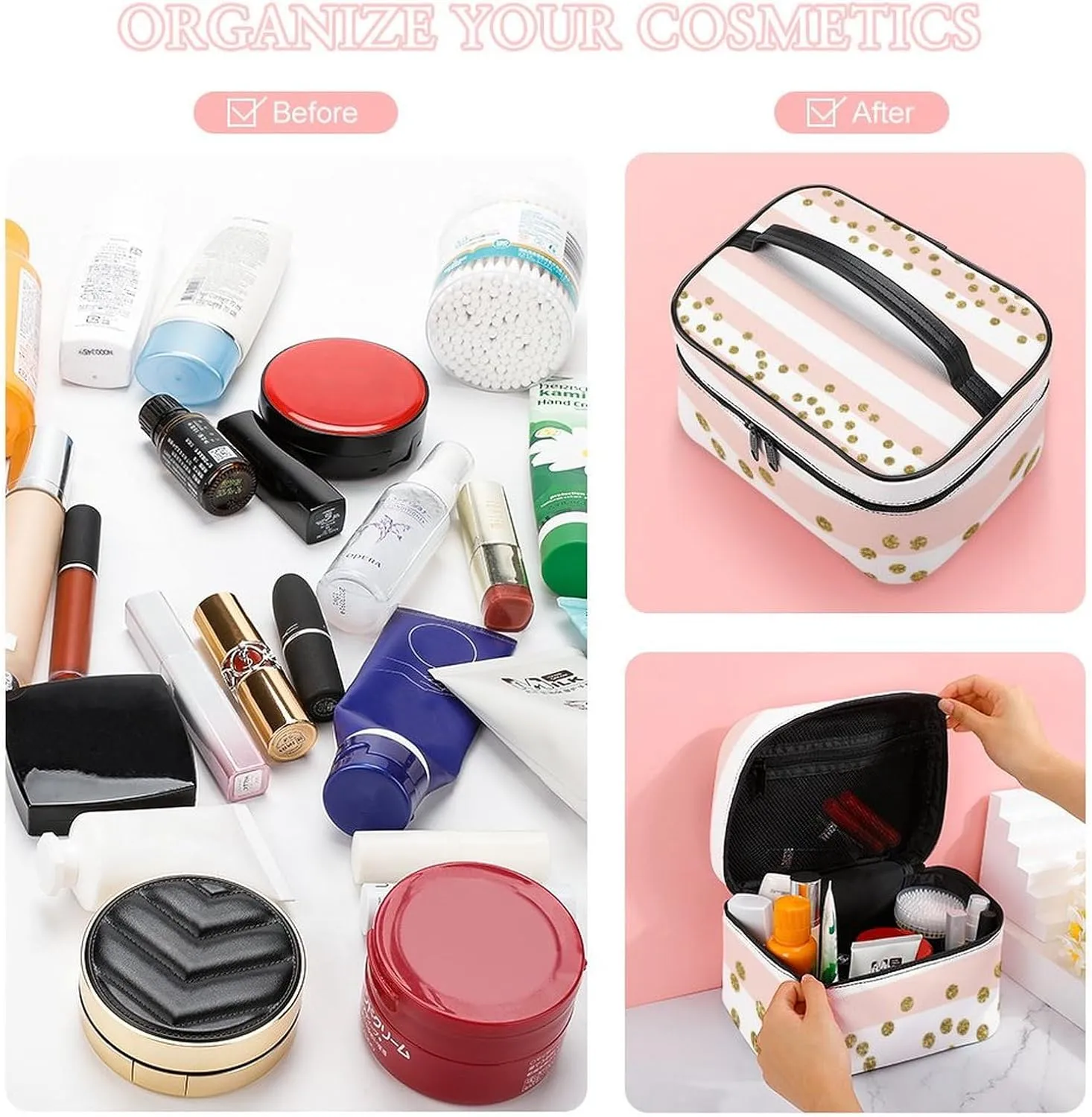 Large Makeup Bag, Pink White Stripe Gold Confetti Cosmetic Bag for Women Girls, Portable Toiletry Bag, Travel Make Up Organizer Bag