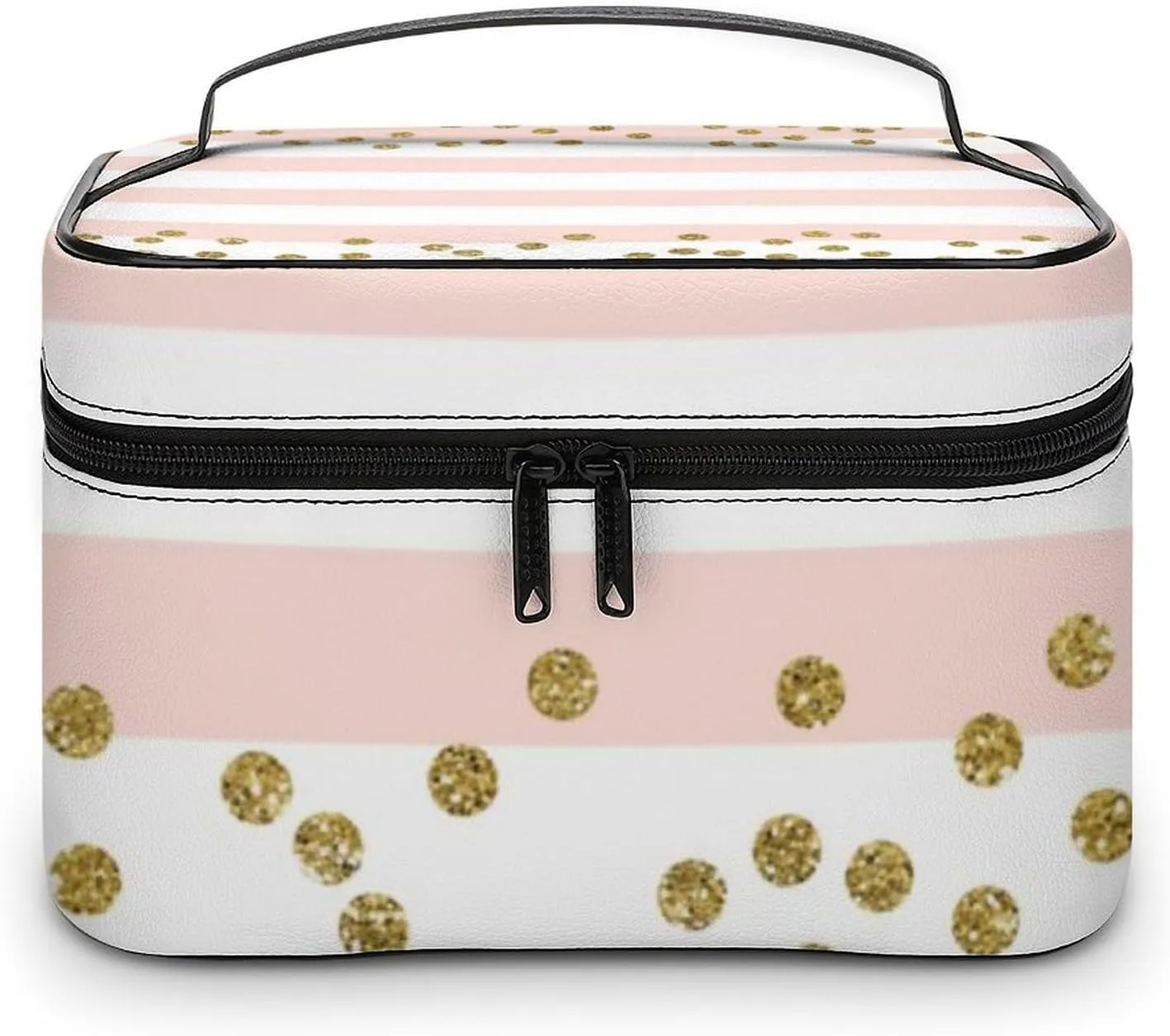 Large Makeup Bag, Pink White Stripe Gold Confetti Cosmetic Bag for Women Girls, Portable Toiletry Bag, Travel Make Up Organizer Bag