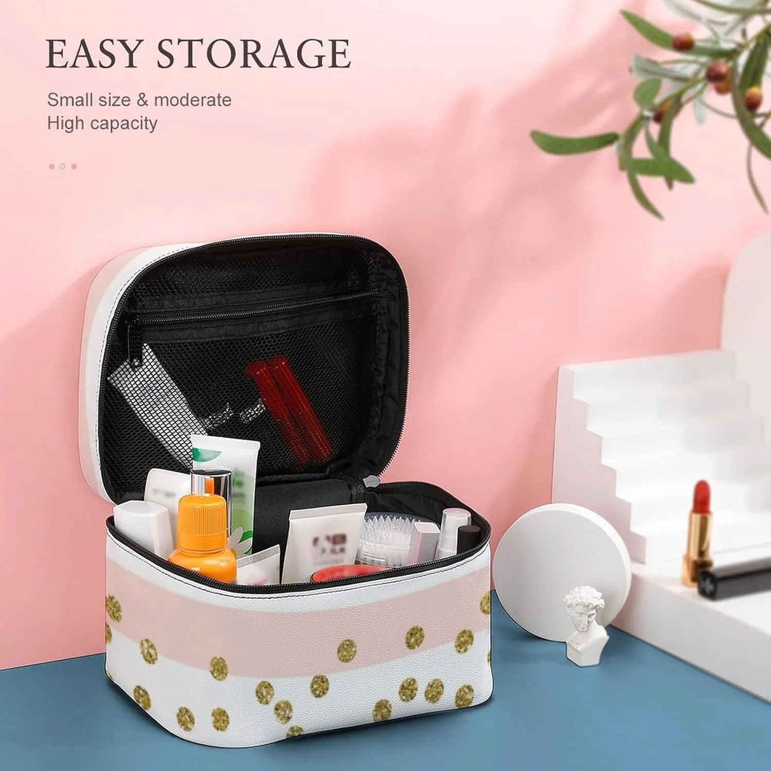 Large Makeup Bag, Pink White Stripe Gold Confetti Cosmetic Bag for Women Girls, Portable Toiletry Bag, Travel Make Up Organizer Bag