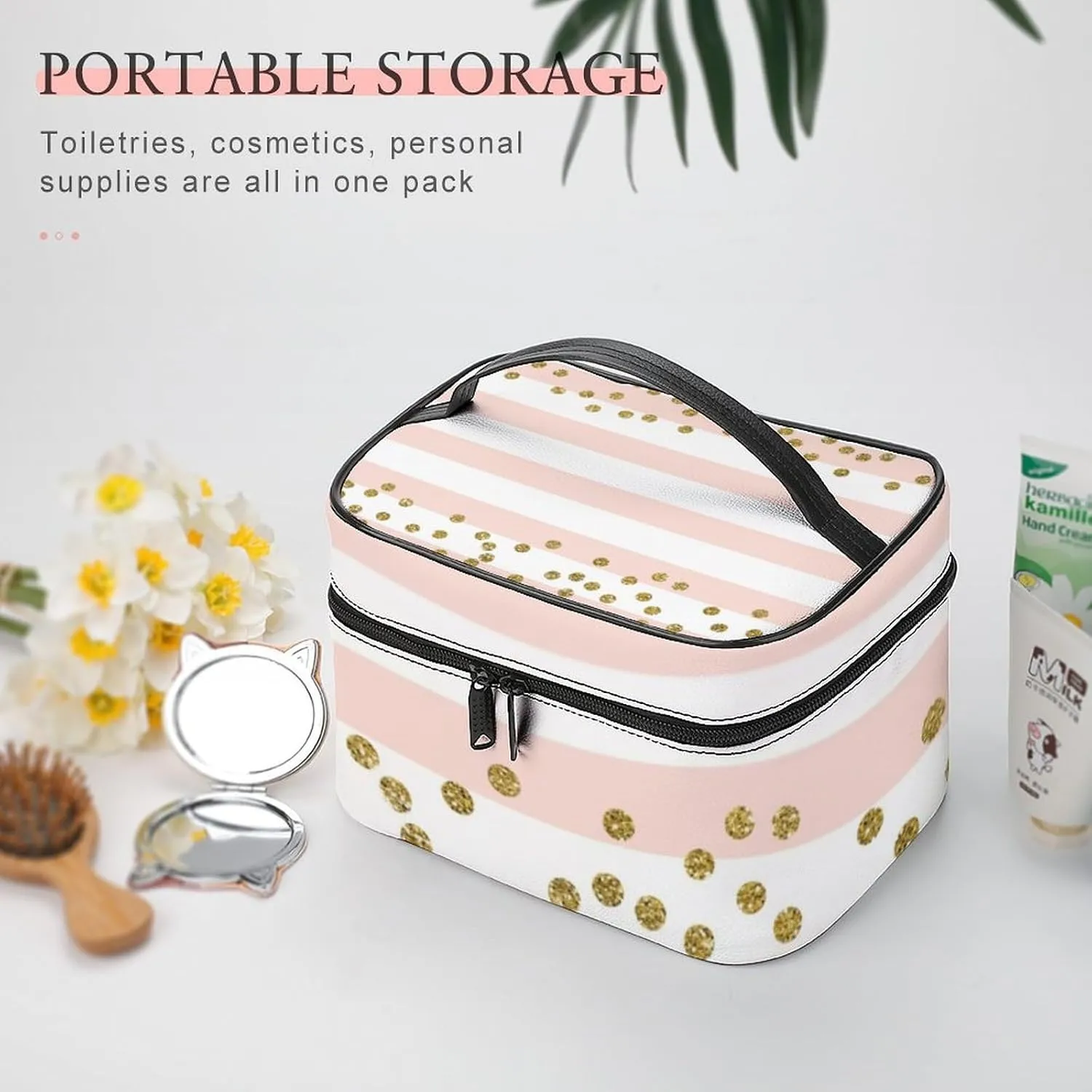 Large Makeup Bag, Pink White Stripe Gold Confetti Cosmetic Bag for Women Girls, Portable Toiletry Bag, Travel Make Up Organizer Bag