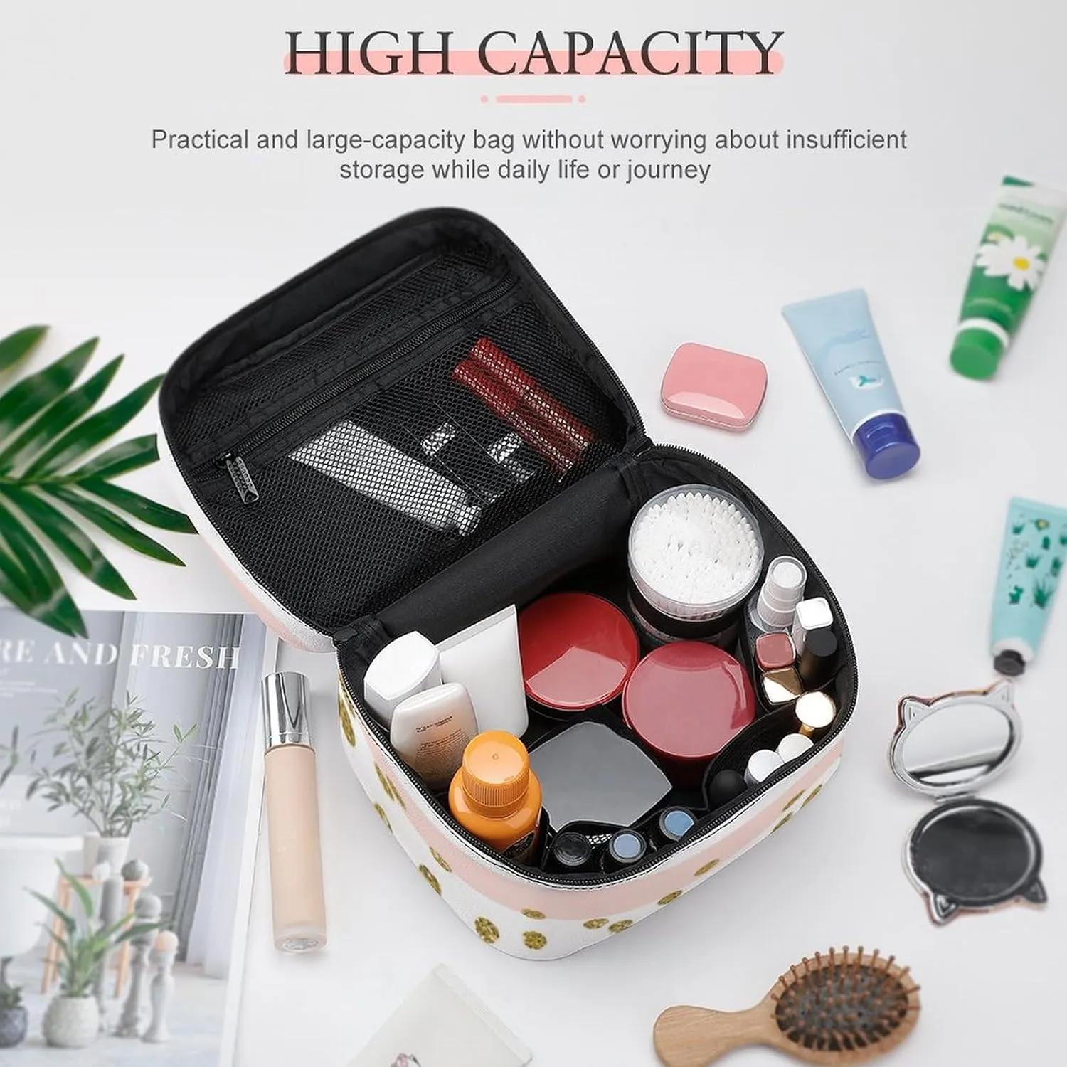 Large Makeup Bag, Pink White Stripe Gold Confetti Cosmetic Bag for Women Girls, Portable Toiletry Bag, Travel Make Up Organizer Bag