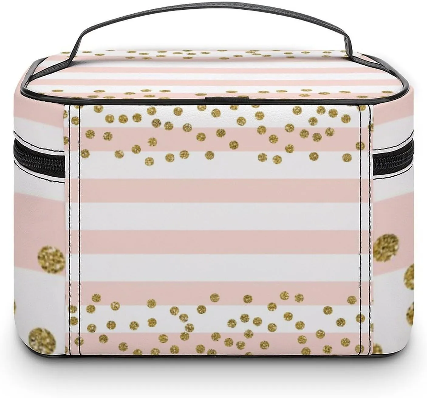 Large Makeup Bag, Pink White Stripe Gold Confetti Cosmetic Bag for Women Girls, Portable Toiletry Bag, Travel Make Up Organizer Bag