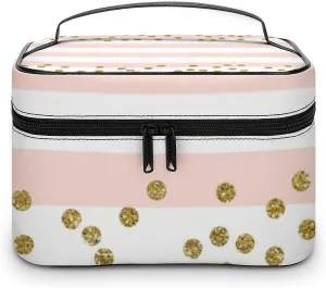 Large Makeup Bag, Pink White Stripe Gold Confetti Cosmetic Bag for Women Girls, Portable Toiletry Bag, Travel Make Up Organizer Bag