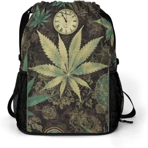 Large Sports Drawstring Backpack A Puff in Time Weed Marijuana Printed with Dry-Wet Separation | Digital Print Gym Sack | Waterproof Fabric | Shoe Compartment & PVC Pocket | Hydration Mesh for Fitness