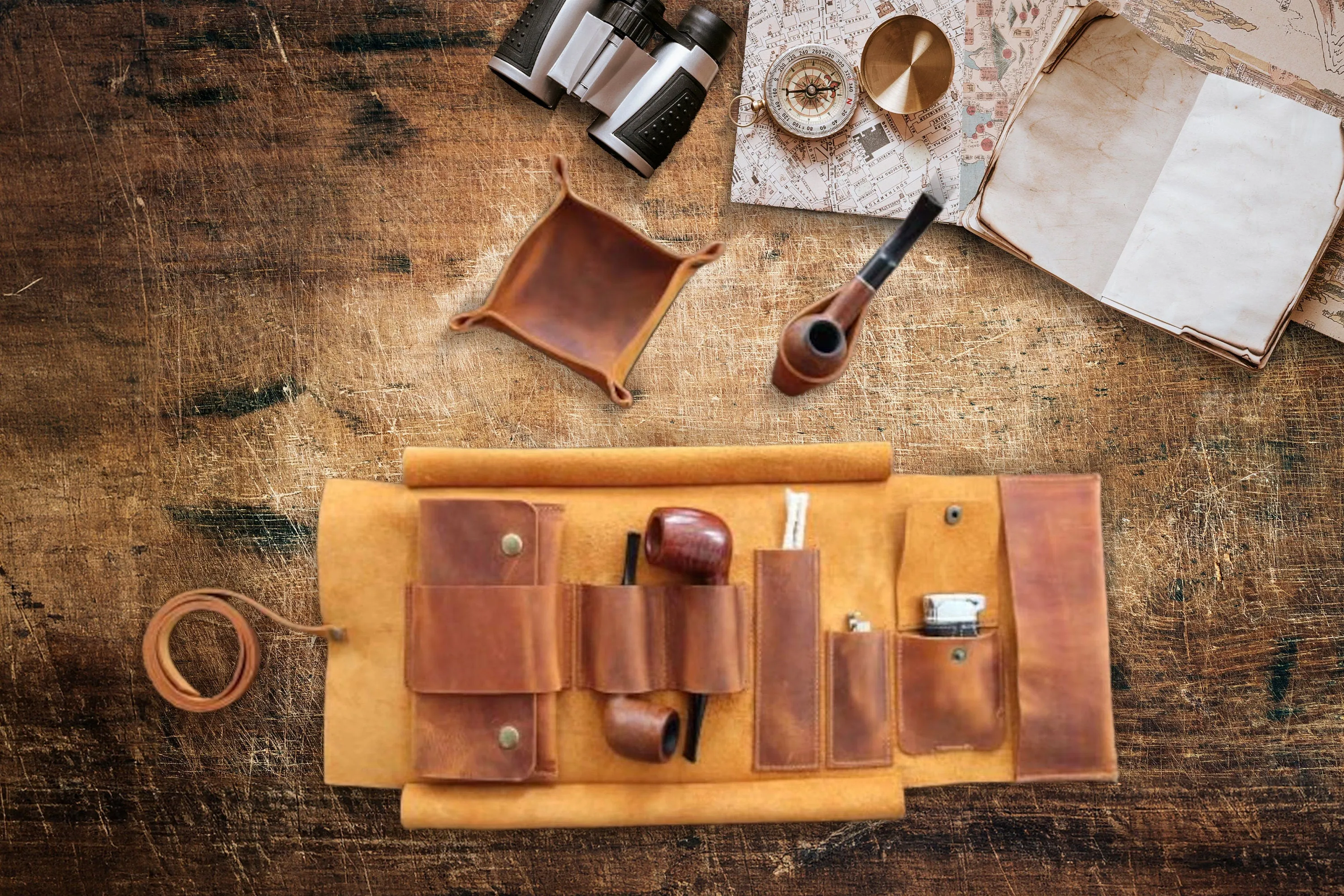 Leather Pipe Pouch for 2-Pipes, Handmade 2-Pipe Rollup Bag, Double-Pipe Rollup Pouch, Camel