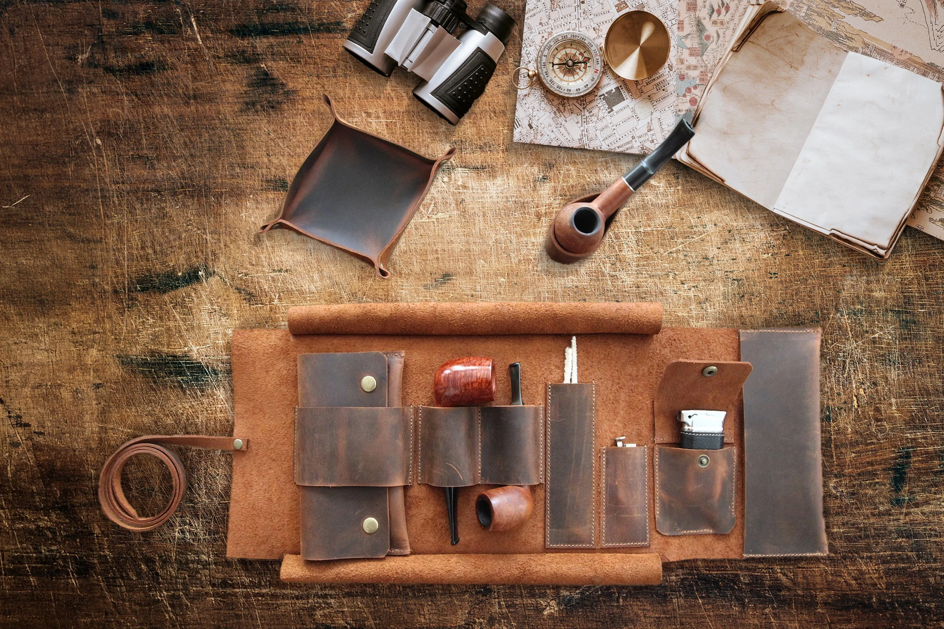 Leather Pipe Pouch for 2-Pipes, Handmade 2-Pipe Rollup Bag, Double-Pipe Rollup Pouch, Tobacco