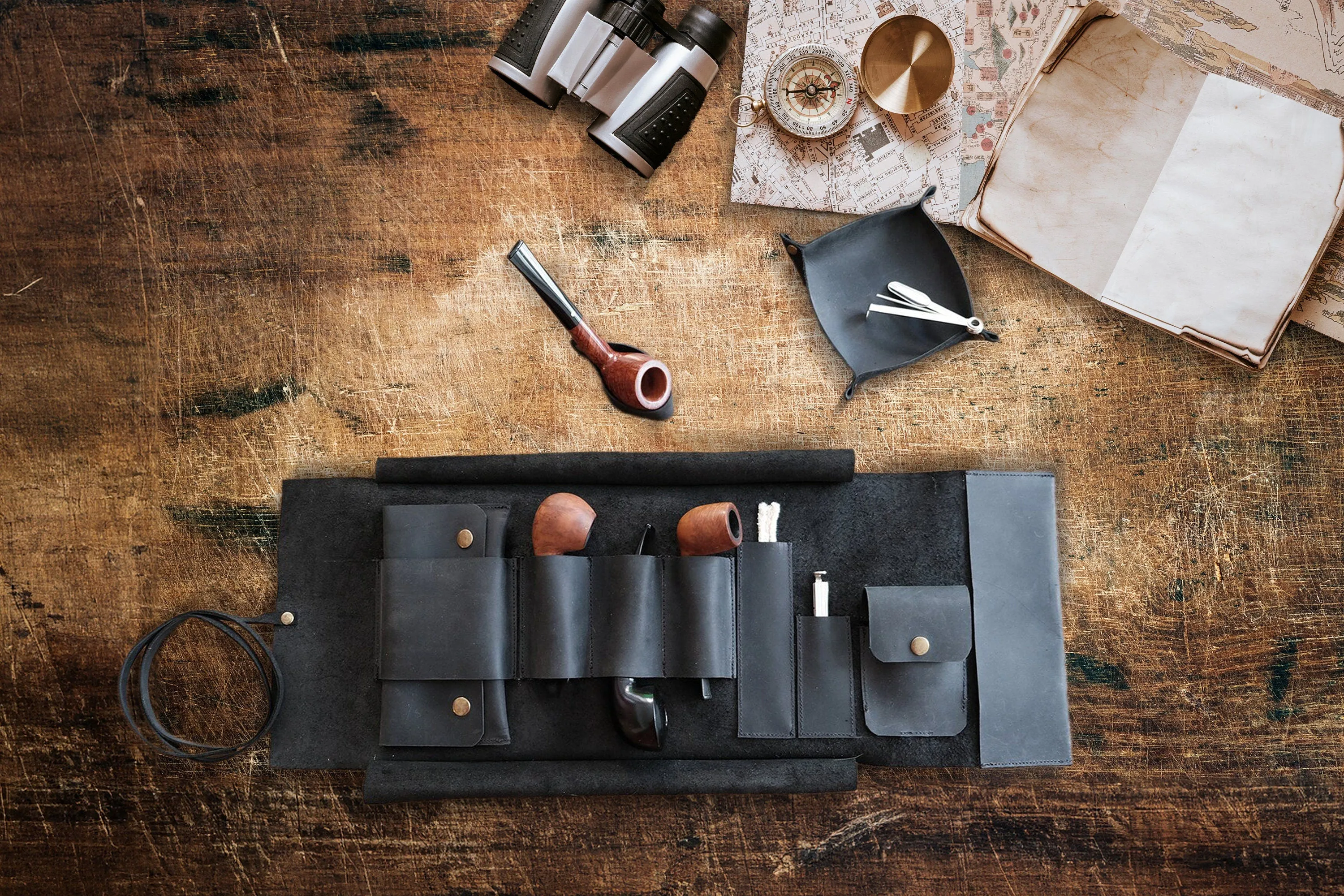 Leather Pipe Pouch for 3-Pipes, Handmade 3-Pipe Rollup Bag, The Pipe Bag, Matte Black