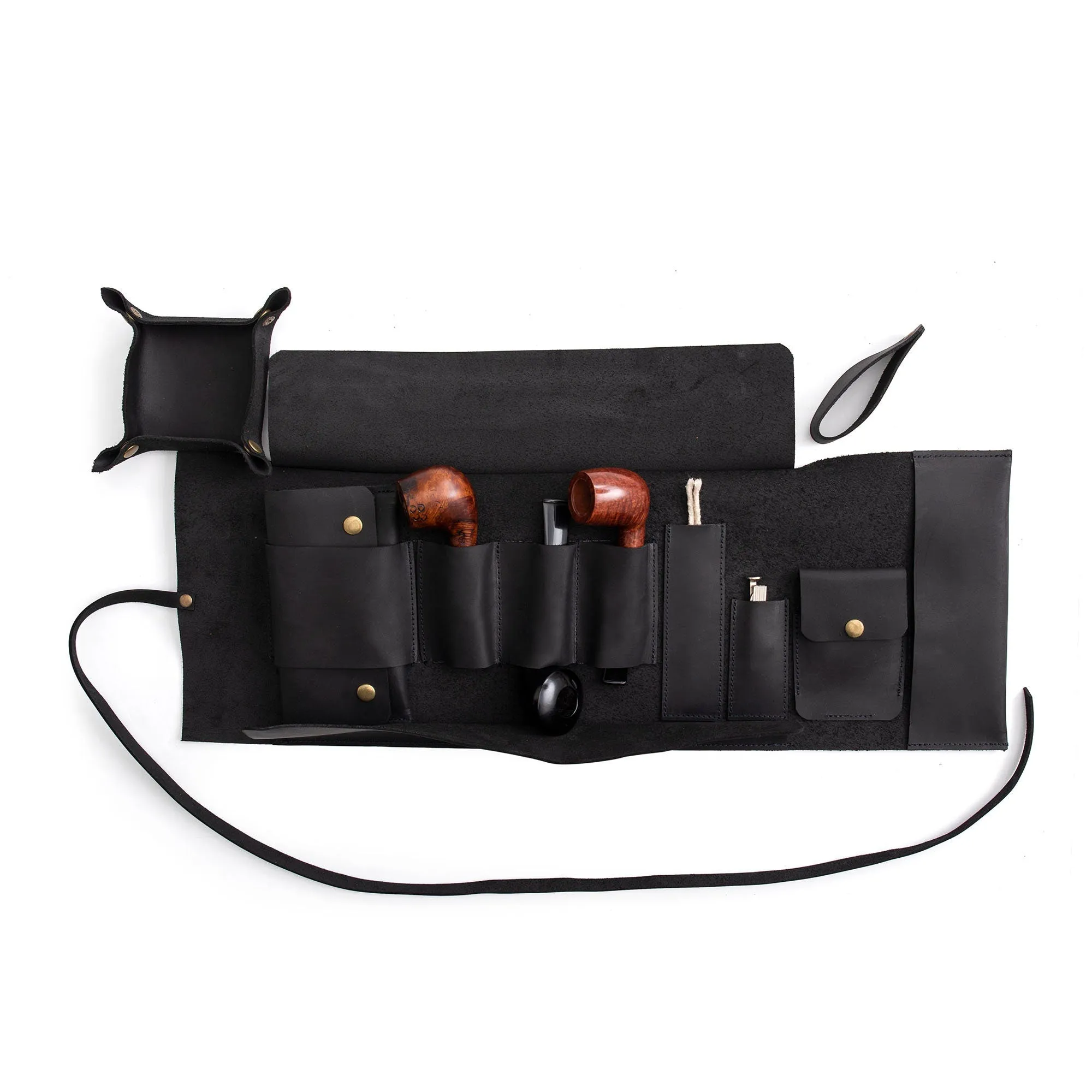 Leather Pipe Pouch for 3-Pipes, Handmade 3-Pipe Rollup Bag, The Pipe Bag, Matte Black