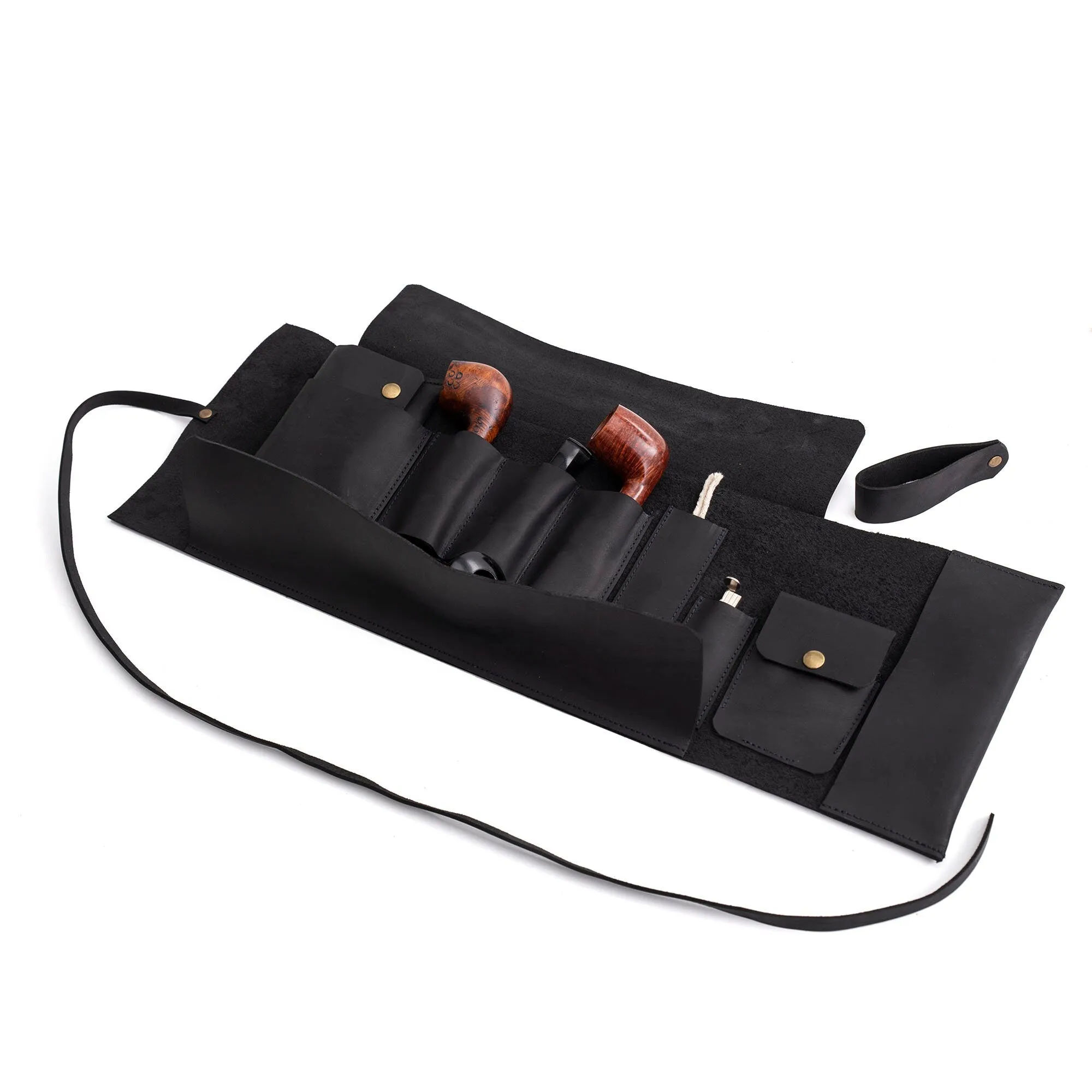 Leather Pipe Pouch for 3-Pipes, Handmade 3-Pipe Rollup Bag, The Pipe Bag, Matte Black