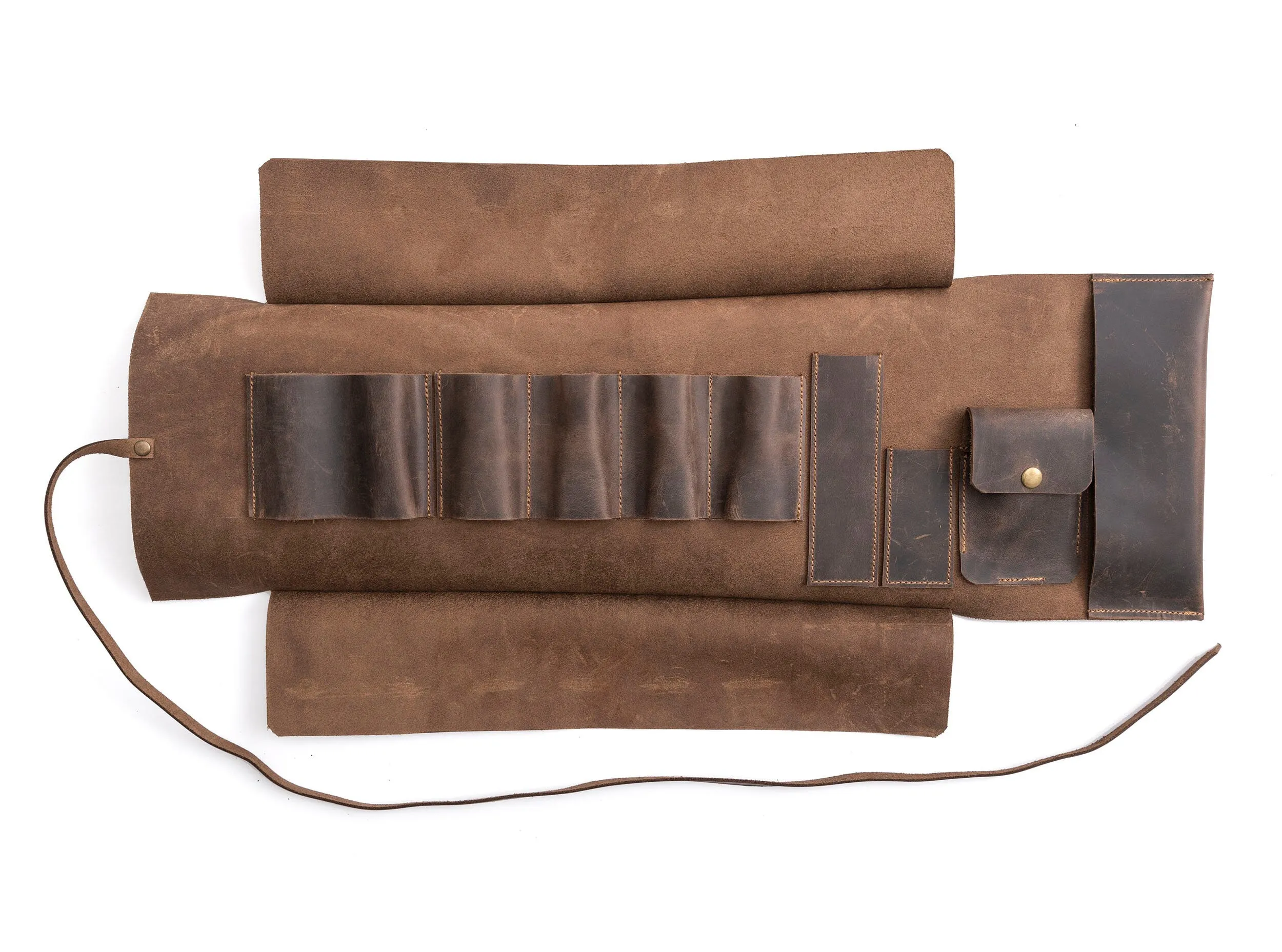 Leather Pipe Pouch for 4-Pipes, Handmade 4-Pipe Rollup Bag, Quadruple-Pipe Roll,  Chestnut