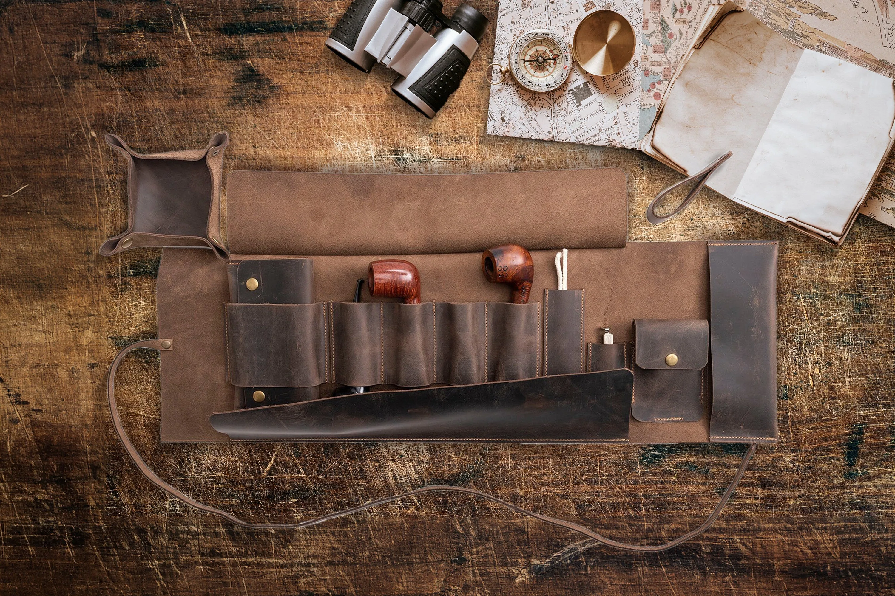 Leather Pipe Pouch for 4-Pipes, Handmade 4-Pipe Rollup Bag, Quadruple-Pipe Roll,  Chestnut
