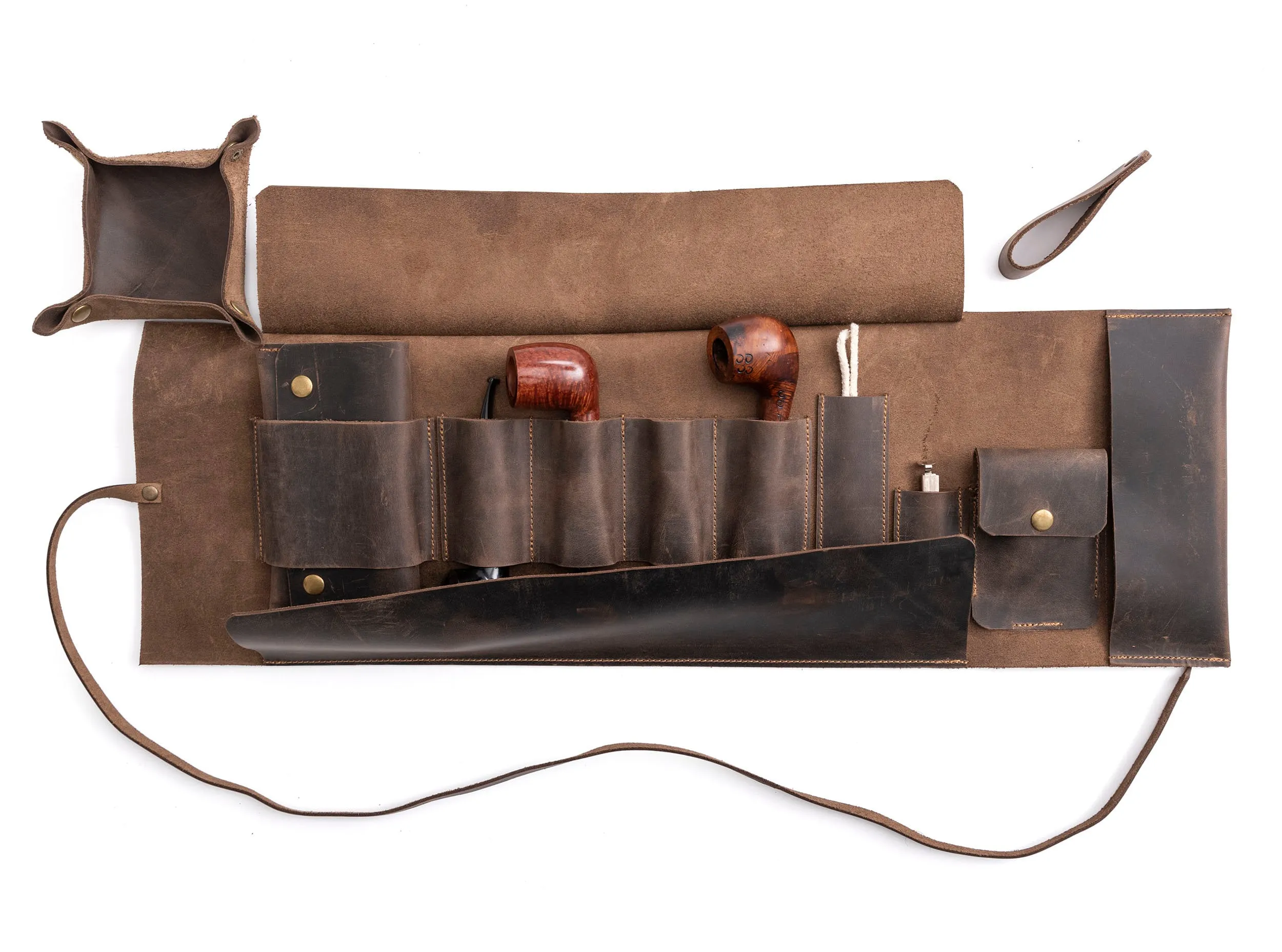 Leather Pipe Pouch for 4-Pipes, Handmade 4-Pipe Rollup Bag, Quadruple-Pipe Roll,  Chestnut