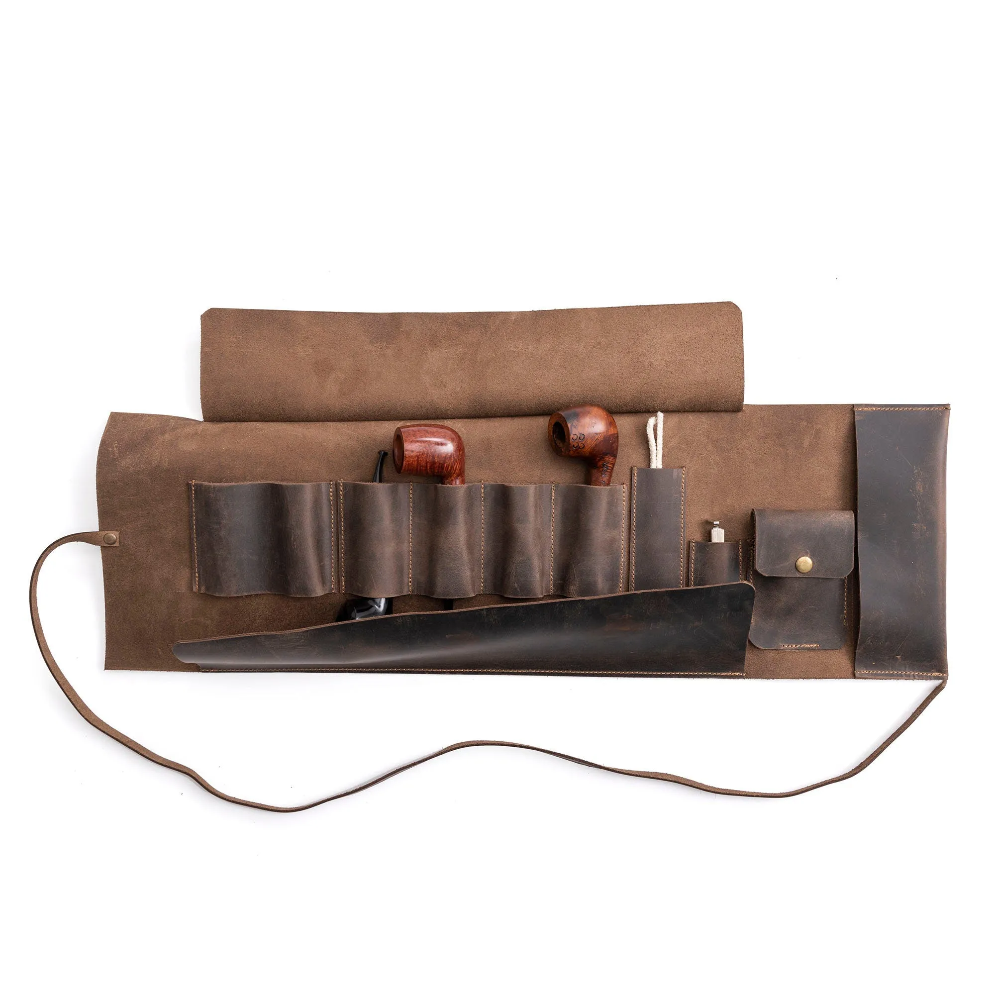 Leather Pipe Pouch for 4-Pipes, Handmade 4-Pipe Rollup Bag, Quadruple-Pipe Roll,  Chestnut