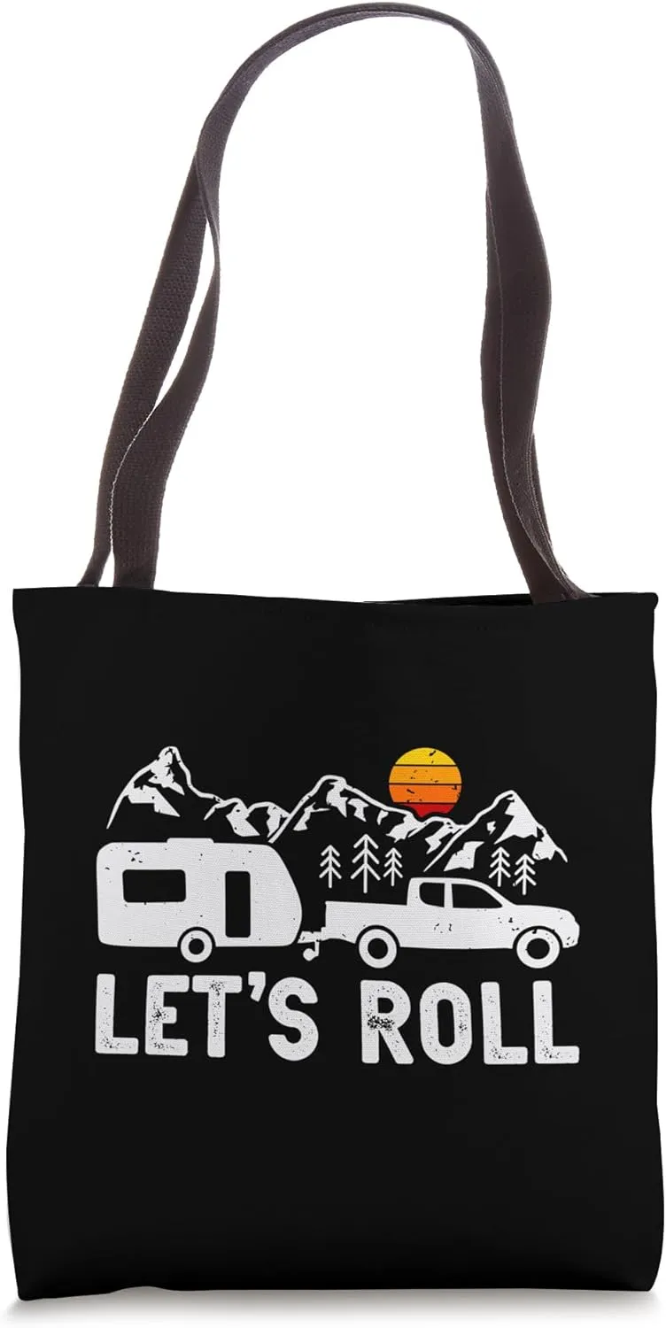Let's Roll Caravan Camping Trailer Mountains Camper Tote Bag