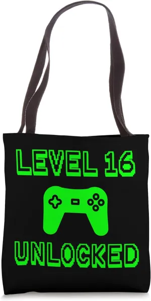 Level 16 Unlocked 16th Gamer Birthday Gaming Present Quote Tote Bag
