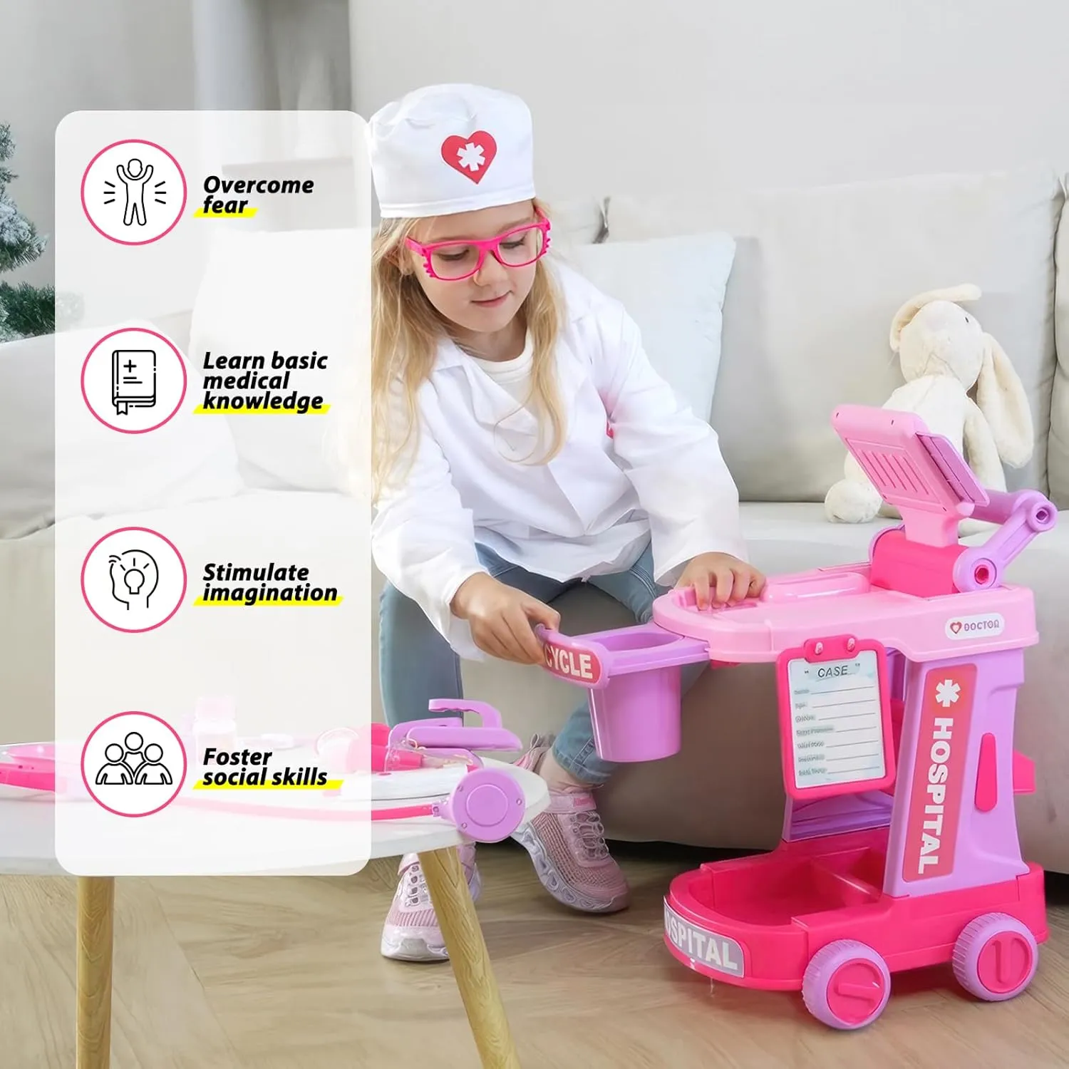 Liberry Doctor Kit for Toddlers Aged 2 3 4 5, Pretend Doctor Play Set for Kids with Cart, Costume and Stethoscope, Role Play Medical Toys for Girls Boys(Pink)